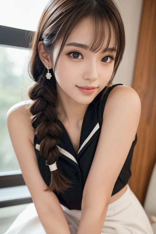 1 girl、Beautiful woman with slim abdominal muscles:1.3、(big breasts:1.2)、casual clothes:1.2、Western-style room、chic room、soft chest、exposed cleavage、fancy bra in black、8K、Raw photo、masterpiece、absurd、highest quality、best illustrations、High resolution:1.1、super detailed、Portrait、hyper realistic:1.4、sharp focus:1.4、realistic、Photoreal:1.3、movie theater lighting、film grain、table top、Close-up、Full body Esbian、Depth of the bounds written、focus of the eye、looking at the viewer、detailed and beautiful eyes、young、85mm lens、f/1.4、professionally lit、Portrait、photon mapping、radio city、Physically based rendering、Transparency、Glossy skin、soft light、lifelike face、realistic body、real looking skin、pale skin、good style、Japanese、heart shaped lip、eye shadow、pink blush、compensate、camel toe、long legs、Pueros face_V1:0.8、floating hair、messy hair、NovafrogStyle、single-track:1、puffy eyes、purple eyes、With a round face、bangs、Bokeh:1.2、dynamic pose、(Hairstyles that match Japanese trends in 2023、cute:1.5、blonde、Bun head、Van South closed、sly smile:0.2、relaxing pose)