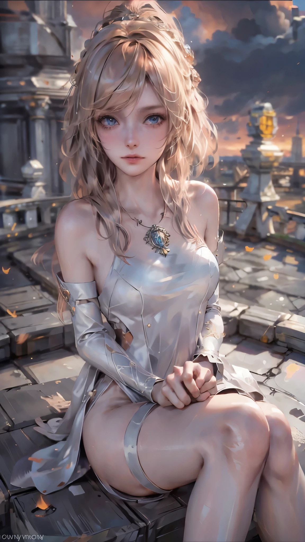 Queen luna freya, 1 girl blue eyes, sit down at the edge of the majestic broken bridge, look to far away, distopia atsmospheric, orange brown sky full of cloud on the back, masutepiece, ((Photo realistic from very low angle))!!, (WIDE ANGLE PHOTOGRAPHY)!, 1girl exposed