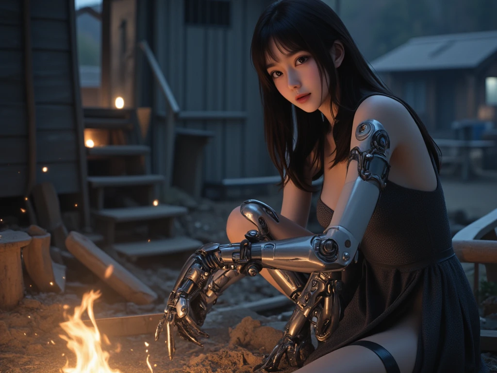 High definition Photography, (Beautiful Female Japanese face), (Beautiful cup-A small chests), (white pale skin), (robotic arm, silver hand, Prosthetic part and cyberware accessories), (wearing pretty mediva dress), doing construction work outside a small cabin, fire place around, at night, 