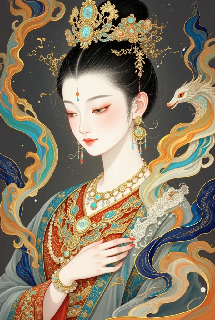   A beautiful portrait of an elegant female Buddha, Goddess Chang'e  ,  Wearing a crown of pearls  , surrounded by swirling mist and cloud,  with a calm expression ,   Delicate facial features ,  Elegant hairstyle ,   Elegant traditional Chinese goddess aesthetics  , (((Star, cloud, mist:1.5))),  digital , Complex lines, Gold details, , Chinese Fantasy,   waist movie lighting , Realistic, 8K,   high resolution, 杰作embroidery，thangka, Chinese style illustrations，Silk Road，camel，dunhuang，Chinese ancient buildings，Cloisonne， Cloisonne enamel ，antiquity， Fire Phoenix ，Crescent Moon，Buddha，The Flying Fairy，Portrait of Guanyin，Double Exposure，Guard
