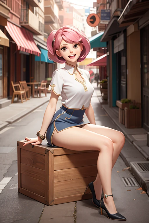 ((full body, standing):1.5), {((1 woman))}, {((wearing brown leather indian clothes, extremely tight and short in the body, short leather shorts and short velvet)), ((big breasts):1.5), ((short pink hair, mohawk, sparkling blue eyes, wearing small feathered headdress)), ((looking at viewer, maniacal smile, making erotic pose, holding a bow and arrow)) , ((in an indigenous village, cloudy sky, it's daytime, plants and flowers, Indians of different ethnicities))}