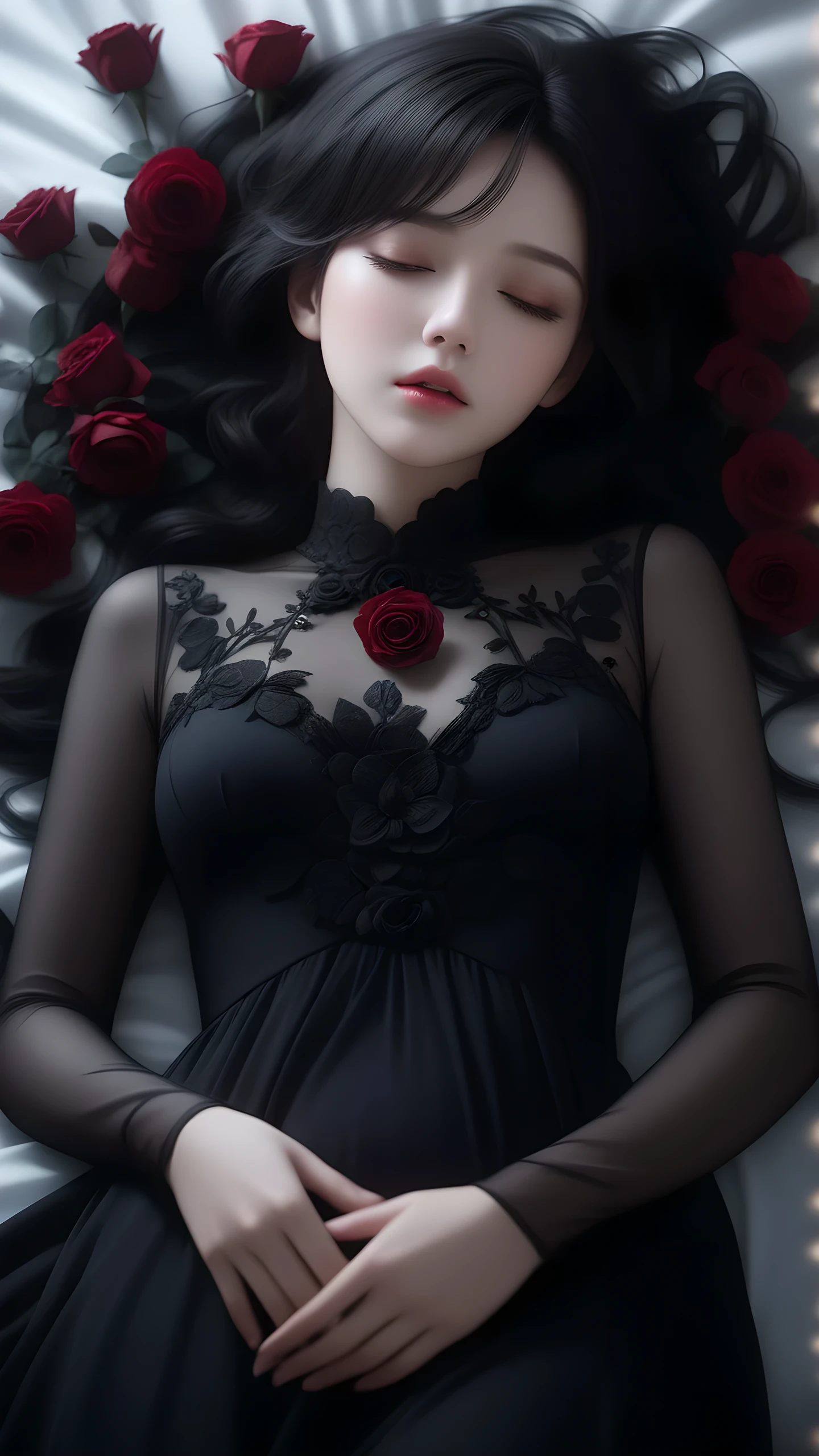 1girl, lying, straight on, black medium hair, beautiful detailed lips, black long dress, black rose around, delicate, peaceful, soft lighting, ethereal, dreamlike, hand on own stomach, vivid eyes, death body, on back, own hands together 