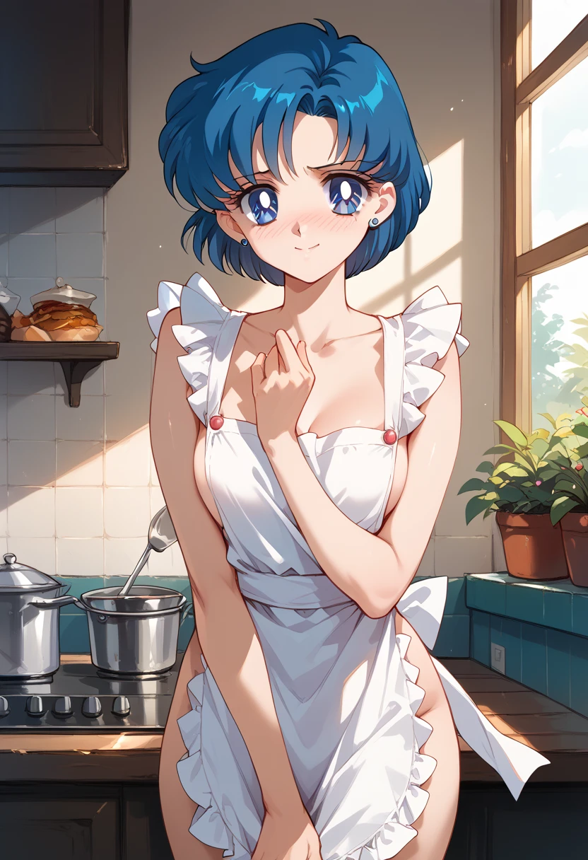 masterpiece, high definition , best quality,8k (Sailor Mercury, Mizuno Ami,short hair) smile(Completely naked, naked apron) embarrassed 