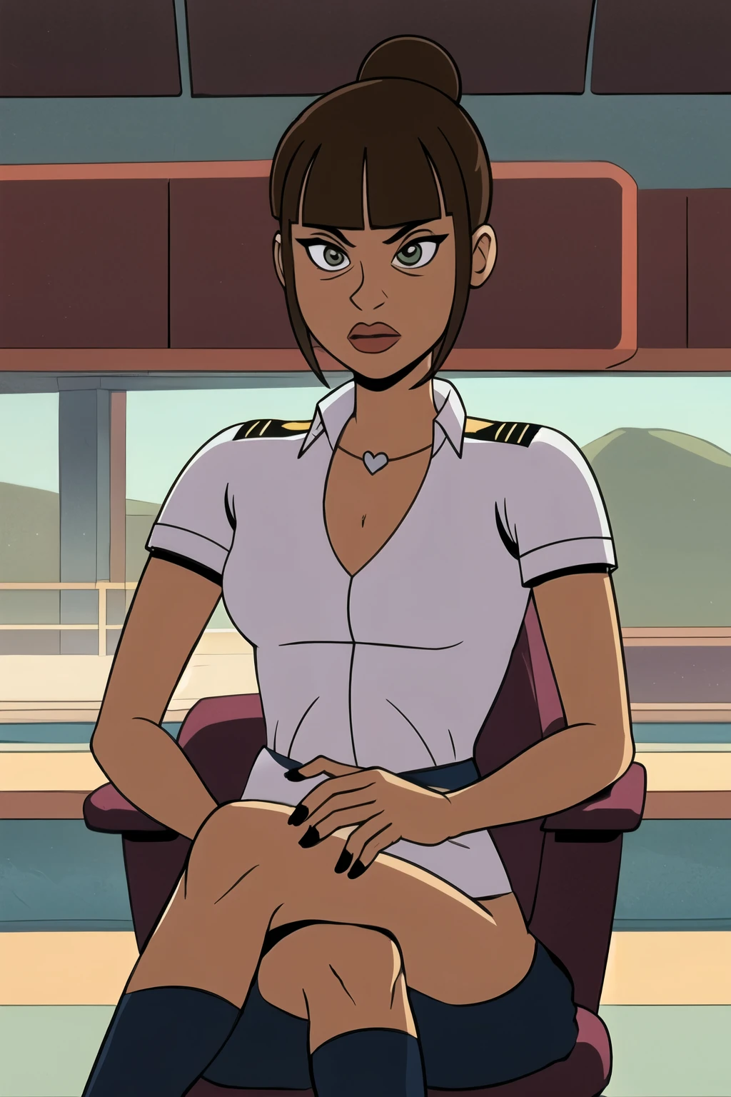 NSFW, 8k, highres, cartoon, 1girl, looking at the viewer, high heels,indoors, room light, hands on hips, pencil skirt, green eyes, ultra high quality, best quality, high quality face, beautiful face, nice breasts, holding a katana, blood all over her, angry face,