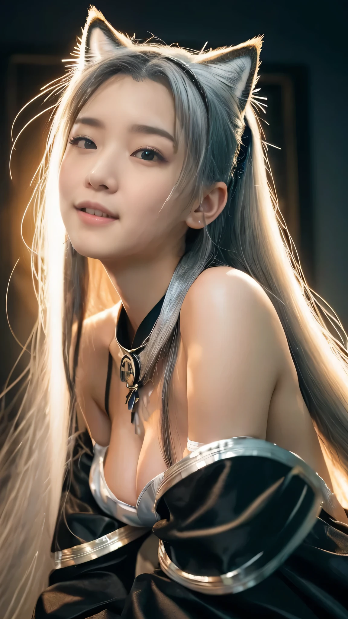 masterpiece,  beautiful and realistic character expression  , Her hair is long, Her hair is a beautiful silver color, Beautiful as silk, Clear, Glowing dimly,  fox-like ears ,  hairstyle is a ponytail , And bushy,   squishy silver fox tail , 口がweakい, Looking up,  look up , (  ahe face :1.5), Eyes that plead, Lower, Clockwork Goddess, (Perfect Ecstasy:1.5), weak々funny face, hypnotism, brainwashing,   showing her falling into the dark     . She has generous breasts, (Euphoric state:2.0),  Wide neckline,   ,  beautiful silhouette , Expose shoulders and chest, that&#39;Slightly greyish tint,She has fans in Japan., Dancing darkly and elegantly, Ethereal elegance.The style is realistic,  Realistic textures and attention to detail 