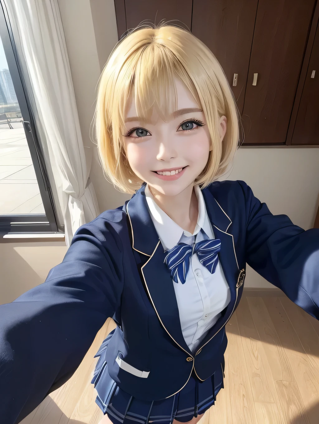 {masterpiece}, (1woman, 1boy), (pov), (portrait), (close up), (from above), (standing), (station, in the crowd), 20years old, ((blonde hair, very short hair)), (big smile), ((high school uniform)), (long sleeve navy blazer), (white shirt), (navy skirt), ((costume focus)), Korean
