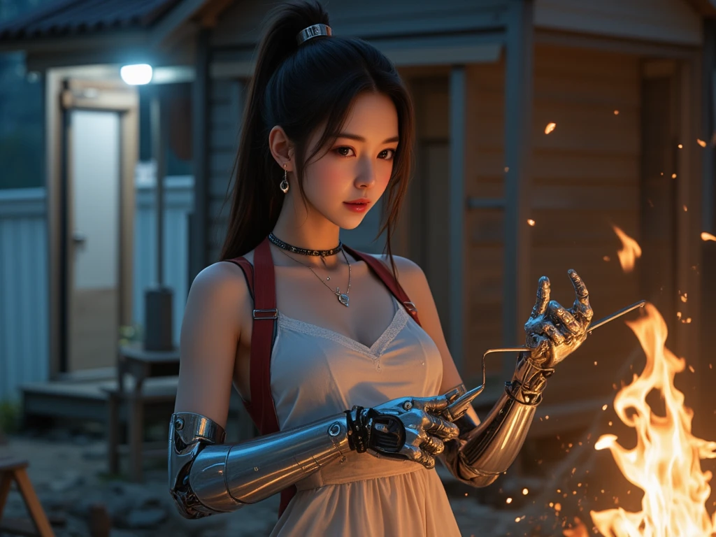 High definition Photography, (Beautiful Female Japanese face), (Beautiful cup-A small chests), (white pale skin), (robotic arm, silver hand, Prosthetic part and cyberware accessories), (wearing pretty mediva dress), with melting tools, doing construction work outside a small cabin, fire place around, at night, 