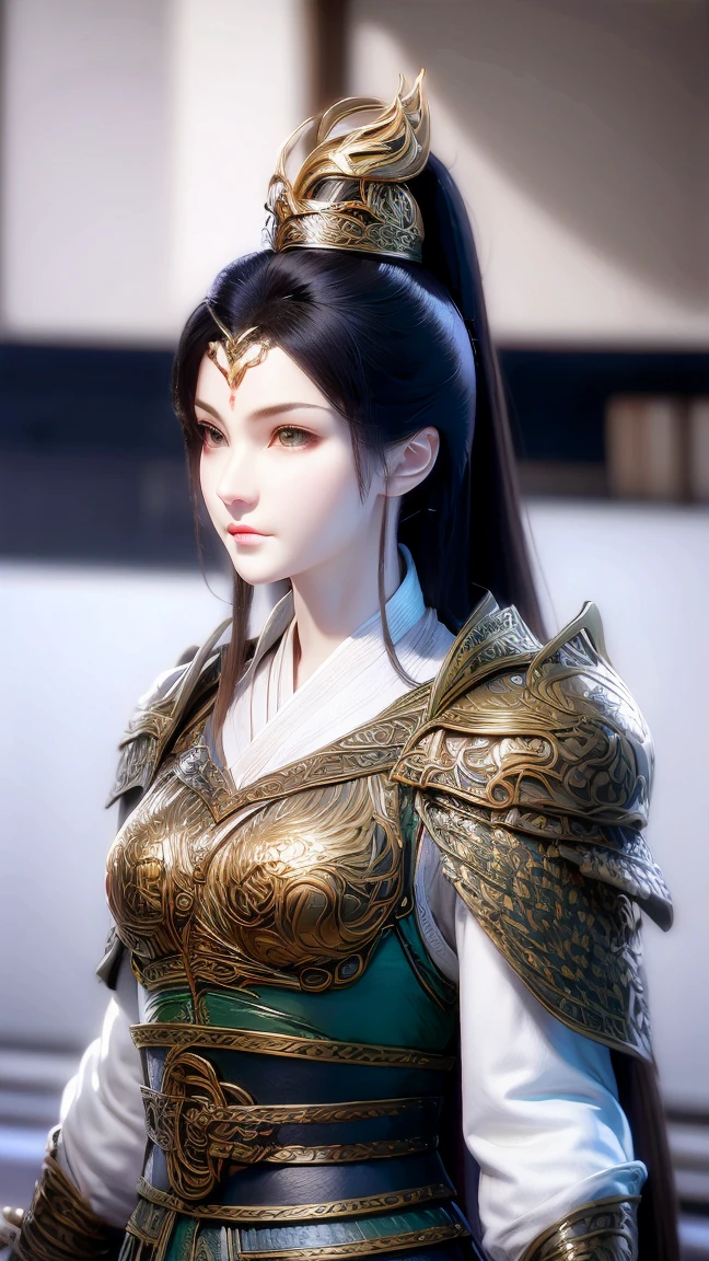 1 female, Actress,  Handsome, splash ink, [Chinese style armor, (Upper body), black hair, Flowing hair,  Delicate eyes , Black and green antique brocade Hanfu, vision, (f1.8), (masterpiece), (Portraits), front shot,  white background , ( Movie Poster ), arms