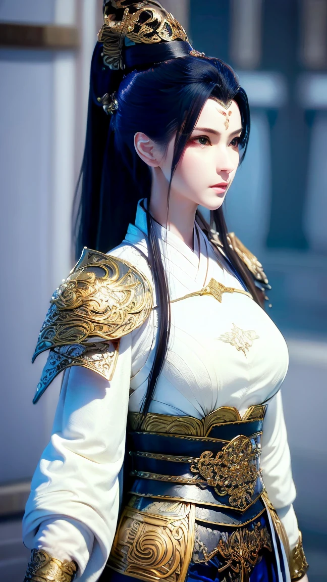 1 female, Actress,  Handsome, splash ink, [Chinese style armor, (Upper body), black hair, Flowing hair,  Delicate eyes , Black and green antique brocade Hanfu, vision, (f1.8), (masterpiece), (Portraits), front shot,  white background , ( Movie Poster ), arms