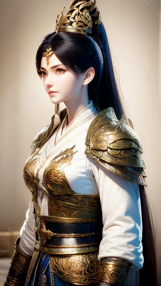 1 female, Actress,  Handsome, splash ink, [Chinese style armor, (Upper body), black hair, Flowing hair,  Delicate eyes , Black and green antique brocade Hanfu, vision, (f1.8), (masterpiece), (Portraits), front shot,  white background , ( Movie Poster ), arms