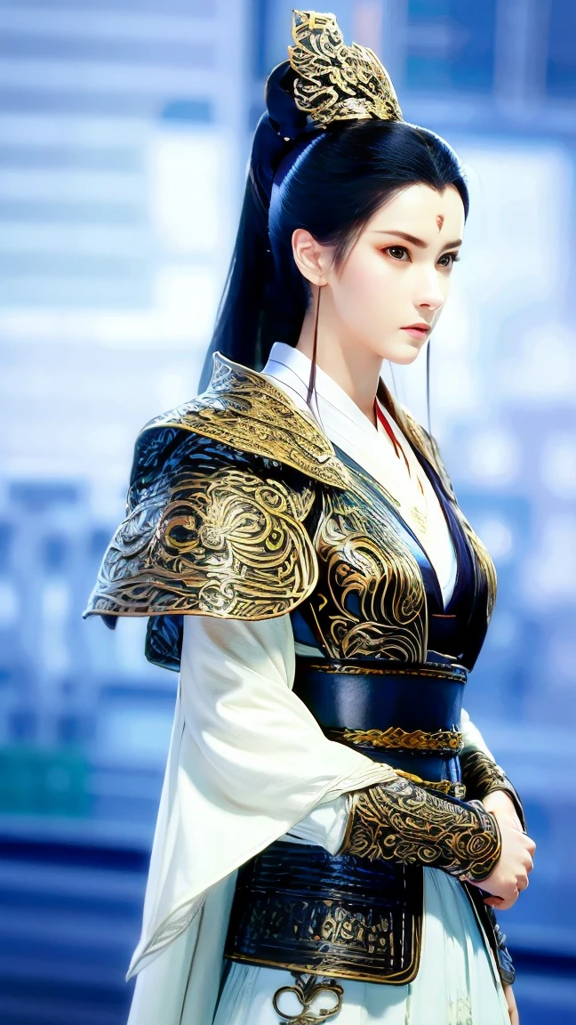 1 female, Actress,  Handsome, splash ink, [Chinese style armor, (Upper body), black hair, Flowing hair,  Delicate eyes , Black and green antique brocade Hanfu, vision, (f1.8), (masterpiece), (Portraits), front shot,  white background , ( Movie Poster ), arms