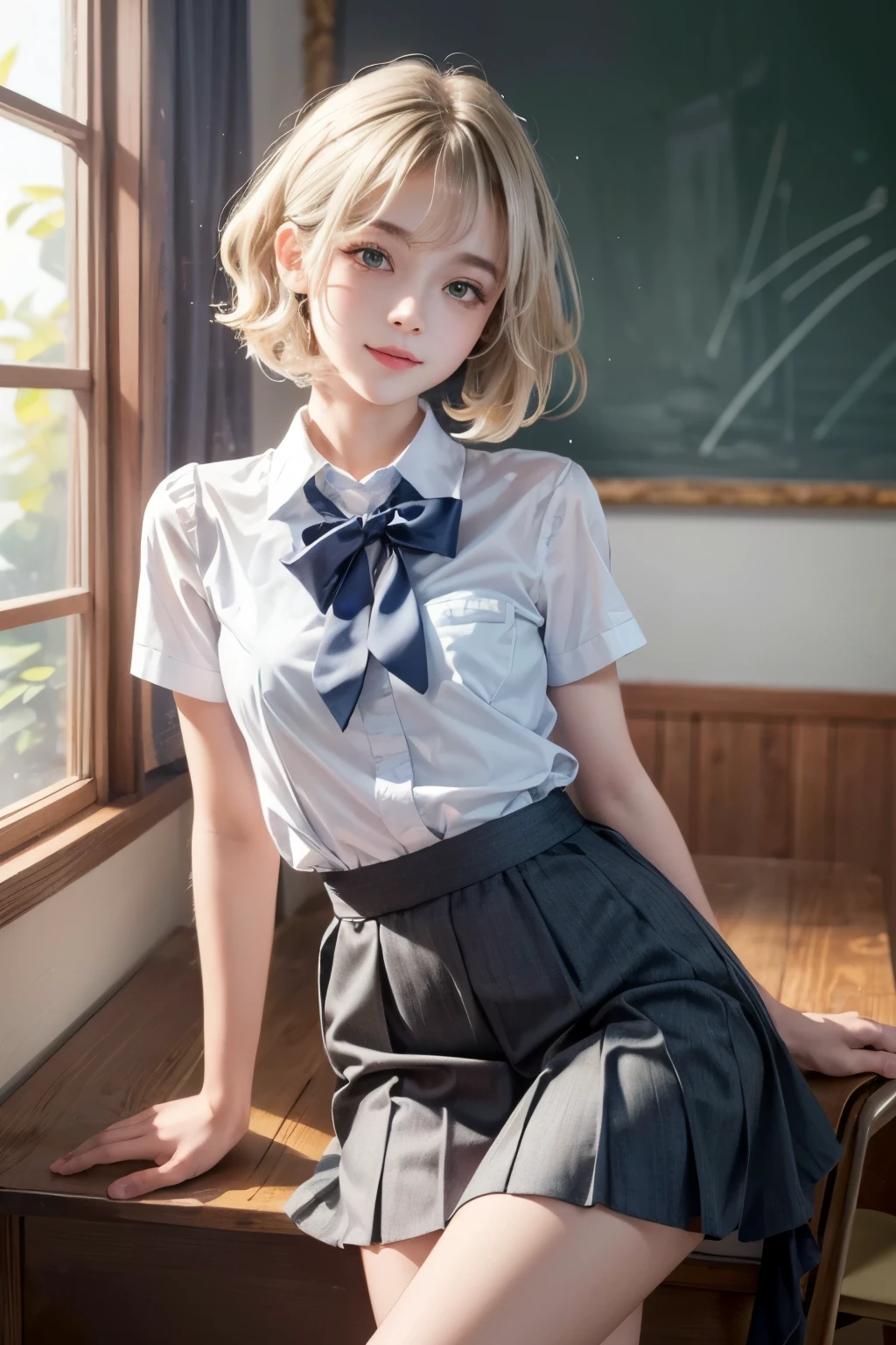 Heavy makeup,16 years old,smile,blonde,Wavy Short Hair,Japanese,(Uniform Y-shirt:1.2),Pleated skirt, Micro Mini Skirt, loafers, whole body,Beautiful thighs,Sitting,(Real schoolgirl:1.3),(Honor student),Classroom during lesson,Spread your legs,blue eyes:1.1,necklace、bracelet,Earrings,ring,Glasses