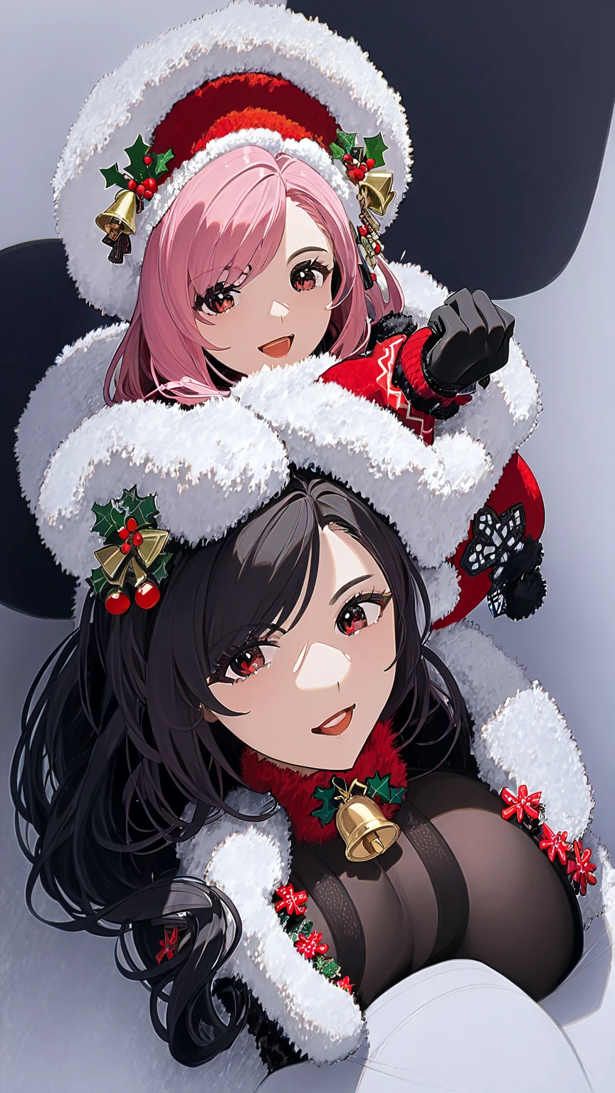 masterpiece,1 Girl, Selena,Pink_hair, Gloves, black_Gloves, fur_prune, have, Santa Claus_clothing,  Christmas, Open_Mouth,  Smile, bell,  unique ,  red _Headdress, pantyhose, White_background, Pink_Eye, Santa Claus_have, 