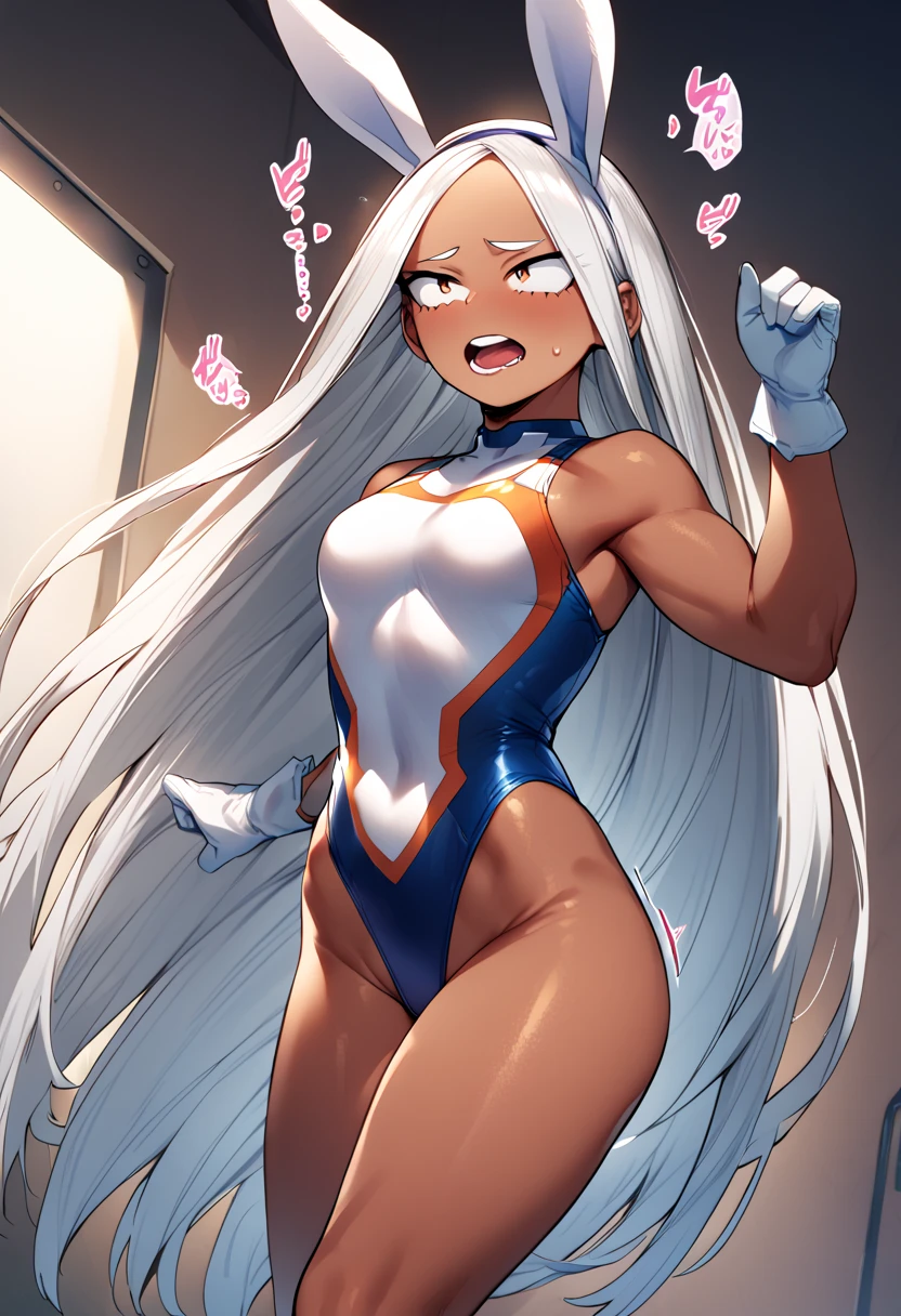     My Hero Academia  、Bunny ears、White Hair、Long Hair、 Dark Skin 、   My Hero Academia   、light blue high leg cut competition swimsuit 、Smooth and tight ,  Clear Skin,,calm、 orgasm 、 drool 、