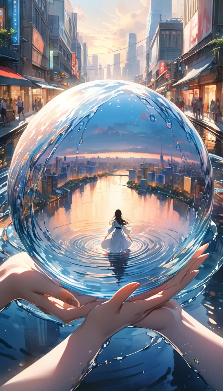 A watercolor painting of a Japanese woman's hands cupping a sphere of flowing water in which a sprawling metropolis is vividly reflected, The scene focuses on the sphere and the city it contains with water spilling from her hands creating ripples that add a sense of movement and magic to the image, The overall atmosphere is simple yet mystical with the soft fluid strokes of watercolor enhancing the ethereal quality of the scene, The composition highlights the serene yet surreal view of the city contained within the delicate embrace of her hands with ripples spreading outwards creating a mesmerizing effect, UHD, super detail, 16k, award winning, masterpiece