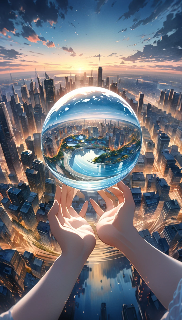 A watercolor painting of a Japanese woman's hands cupping a sphere of flowing water in which a sprawling metropolis is vividly reflected, The scene focuses on the sphere and the city it contains with water spilling from her hands creating ripples that add a sense of movement and magic to the image, The overall atmosphere is simple yet mystical with the soft fluid strokes of watercolor enhancing the ethereal quality of the scene, The composition highlights the serene yet surreal view of the city contained within the delicate embrace of her hands with ripples spreading outwards creating a mesmerizing effect, UHD, super detail, 16k, award winning, masterpiece