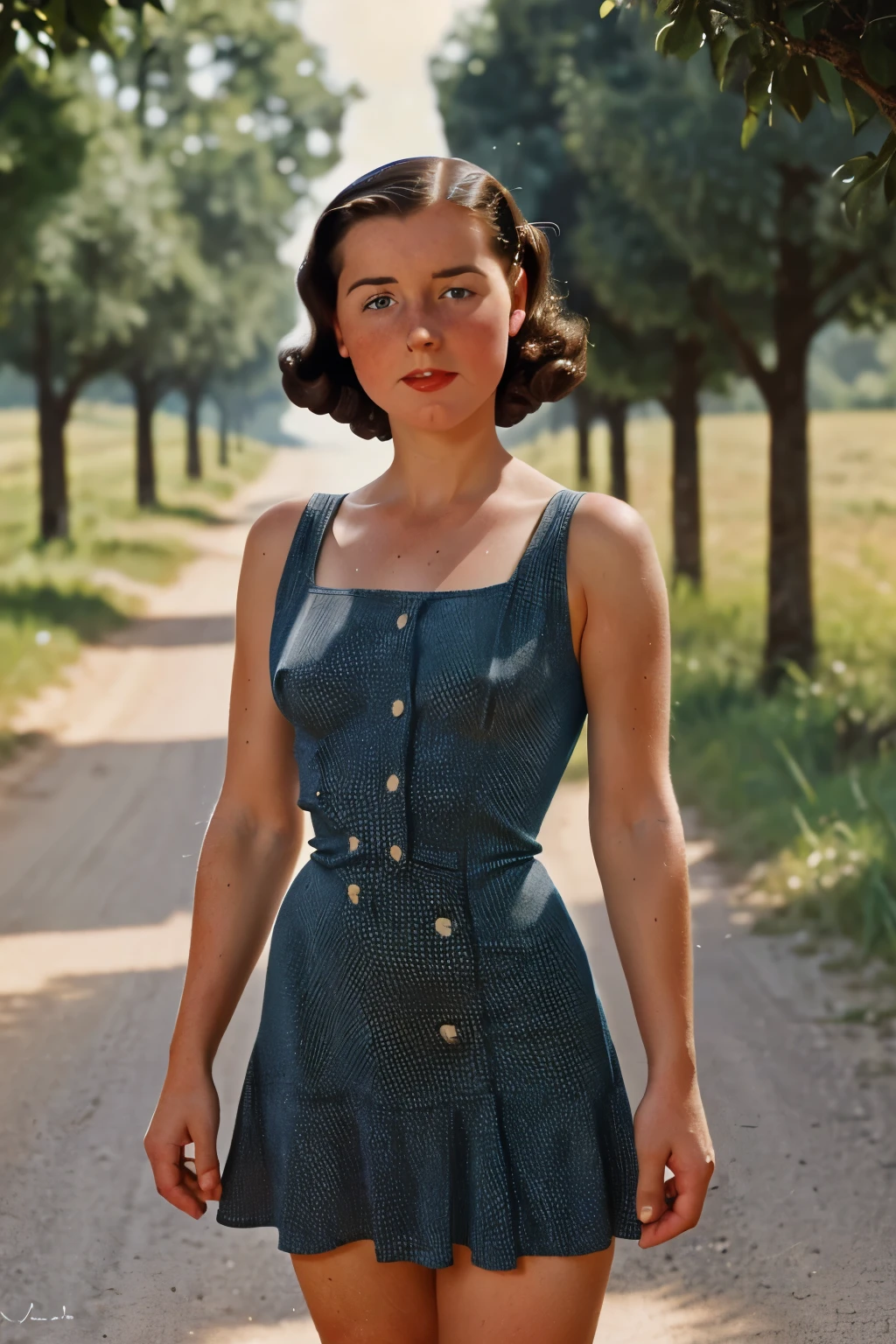 France, 1940. A little (((()) Marie-Laure LeBlanc)), freckles, in a country road, ((worried expression)), ((((revealing short minidress from the 1940s)))), ((dark hairstyle of the 1940s))