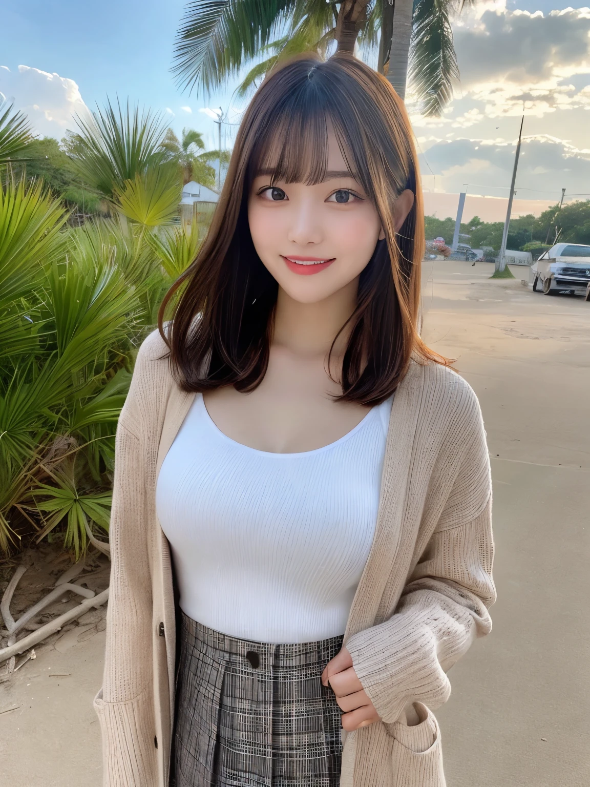 Ultra-high resolution, Superior Quality, highest quality, Super detailed, Realistic, 8k, RAW Photos, highest quality, masterpiece, Attractive girl, A wonderful girl, Brown Hair, Shoulder-length layered, Mesh Hair, Japanese Idols, Sophisticated, stylish, blouse,smile、Random cute poses、Selfie composition、Right hand to mouth、I'm in the city
