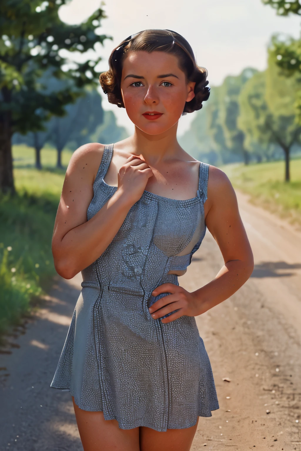 France, 1940. A little (((()) Marie-Laure LeBlanc)), freckles, in a country road, ((worried expression)), ((((revealing short minidress from the 1940s)))), ((dark hairstyle of the 1940s))