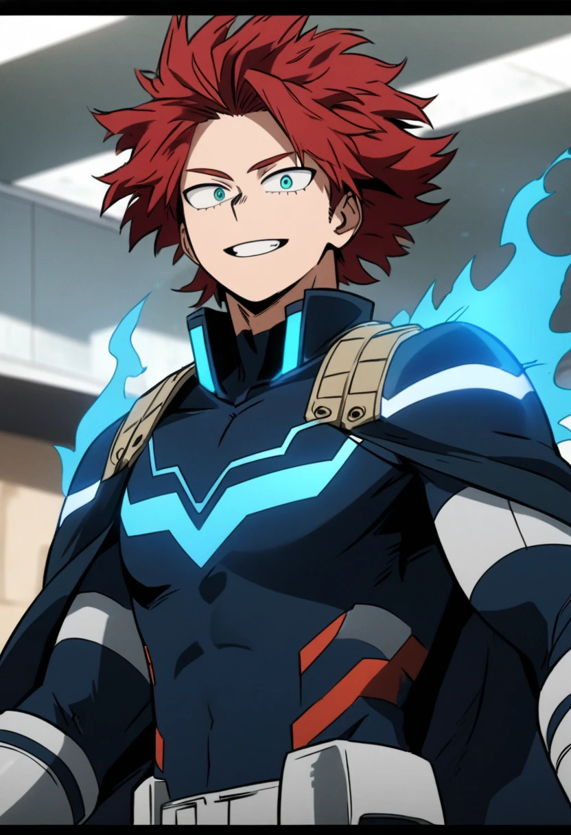 1boy, male, with matte red hair, slightly disheveled, turquoise eyes, dark blue hero costume, with blue flame glowing lines, blueflames on shoulders, white gauntlets, 21yo, smile, As My Hero Academia character, MHA style, anime style, my hero academia, boku no hero academia, animated. Anime, Best Quality, Masterpiece, High Resolution, blooming park background, 4K, perfect body, perfect eyes, Full Quality, Looking at viewer, 