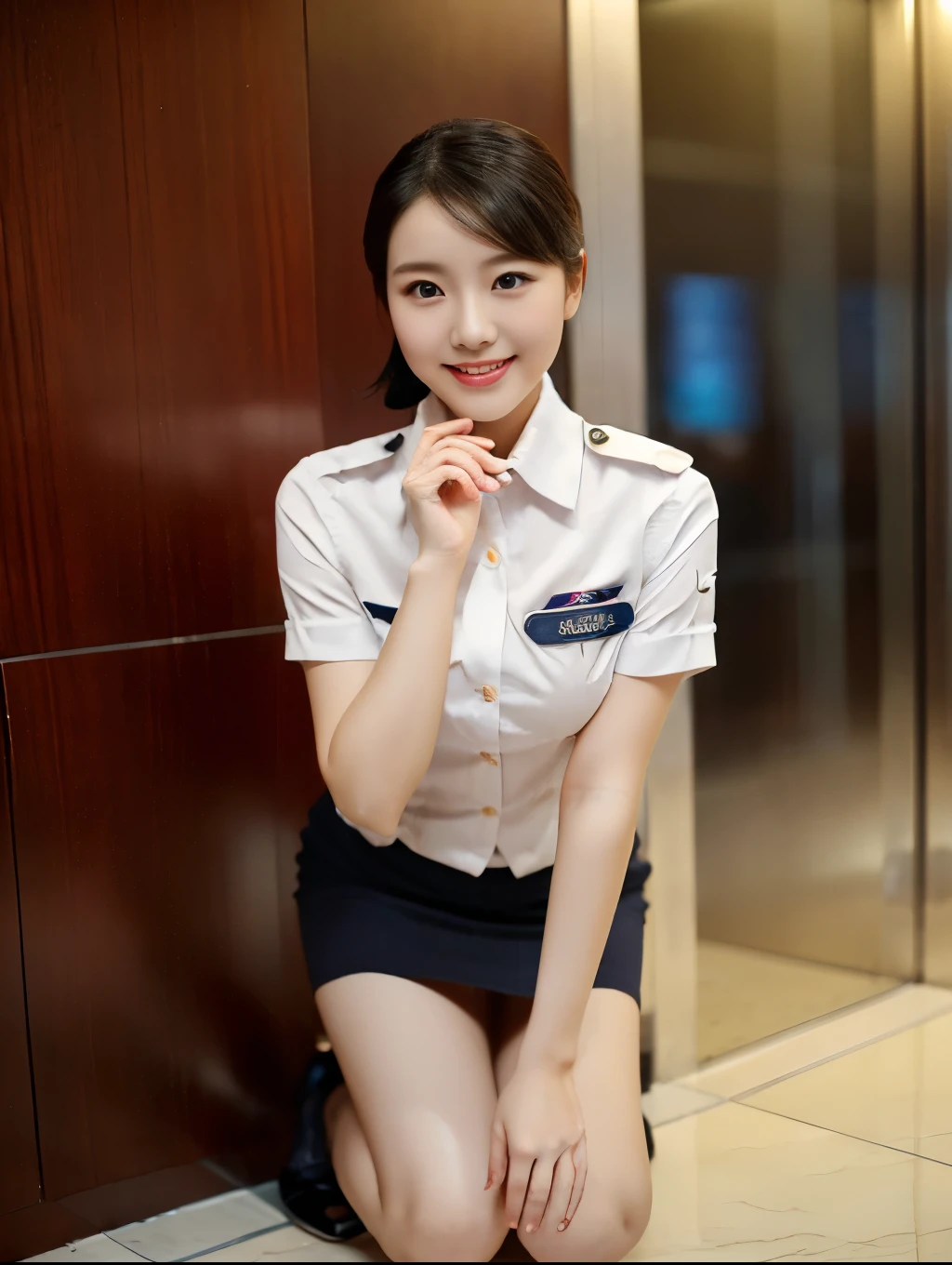 ( A gorgeous lady , 21 years old,  wearing an air stewardess ,  Shenzhen airline stewardess , Wet White Shirt ,  Wet Red Mini Skirt ,  Kneeling in the Bathroom ,  smile with a wine cage ,  Short Ponytail Hairstyle ,  short hair wave ,  Cute Crooked Teeth ,  Full rounded chest ,  Straightened flawless legs , Realistic photos,  beautiful detailed eyes , Beautiful detailed faces,  Surrealism ,  High Contrast , Ultra HD, Real Skin Texture , Top影像品質, Top,  Ultra high resolution ,  Fine Details ,  extremely carefully , close-up, from head to legs, masterpiece, ROMANTIC NIGHT ,  Dark Bokeh Background)