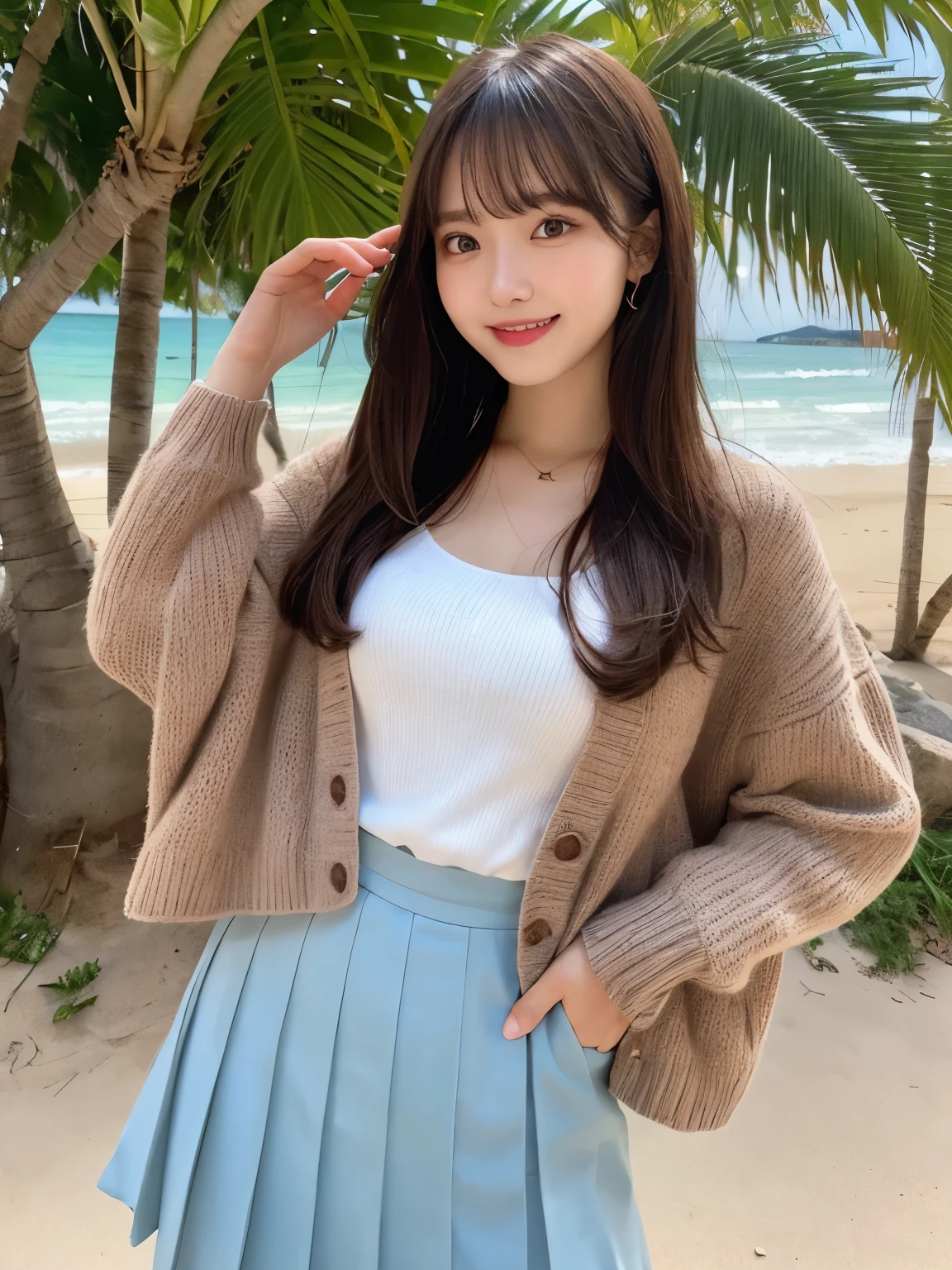 best quality, ultra high resolution, (photorealistic: 1.4), (detailed beautiful girl: 1.4), (medium breasts: 0.8), olhando_no_visualizador, detailed facial details, beautiful and detailed eyes, (brown hair), brown eyes, smile (makeup: 0.4), red lips, (full body, sitting, beach, high waves, ), very detailed clothes, (ulzzang-6500-v1. 1:0.3) \, yellow ducks, strong wind,