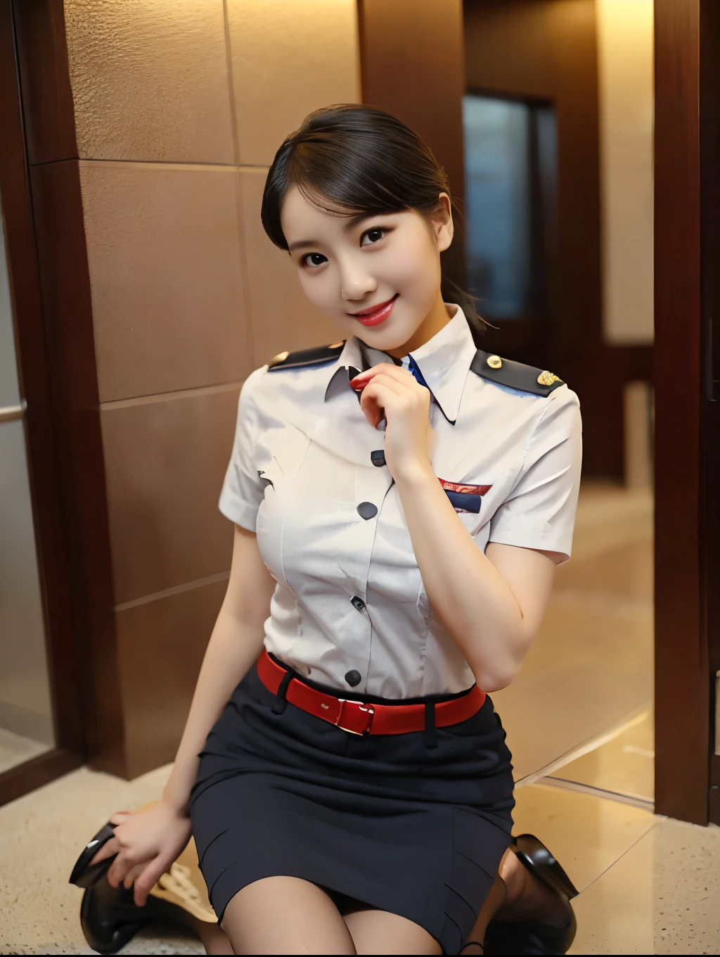 ( A gorgeous lady , 21 years old,  wearing an air stewardess ,  Shenzhen airline stewardess , Wet White Shirt ,  Wet Red Mini Skirt ,  Kneeling in the Bathroom ,  smile with a wine cage ,  Short Ponytail Hairstyle ,  short hair wave ,  Cute Crooked Teeth ,  Full rounded chest ,  Straightened flawless legs , Realistic photos,  beautiful detailed eyes , Beautiful detailed faces,  Surrealism ,  High Contrast , Ultra HD, Real Skin Texture , Top影像品質, Top,  Ultra high resolution ,  Fine Details ,  extremely carefully , close-up, from head to legs, masterpiece, ROMANTIC NIGHT ,  Dark Bokeh Background)