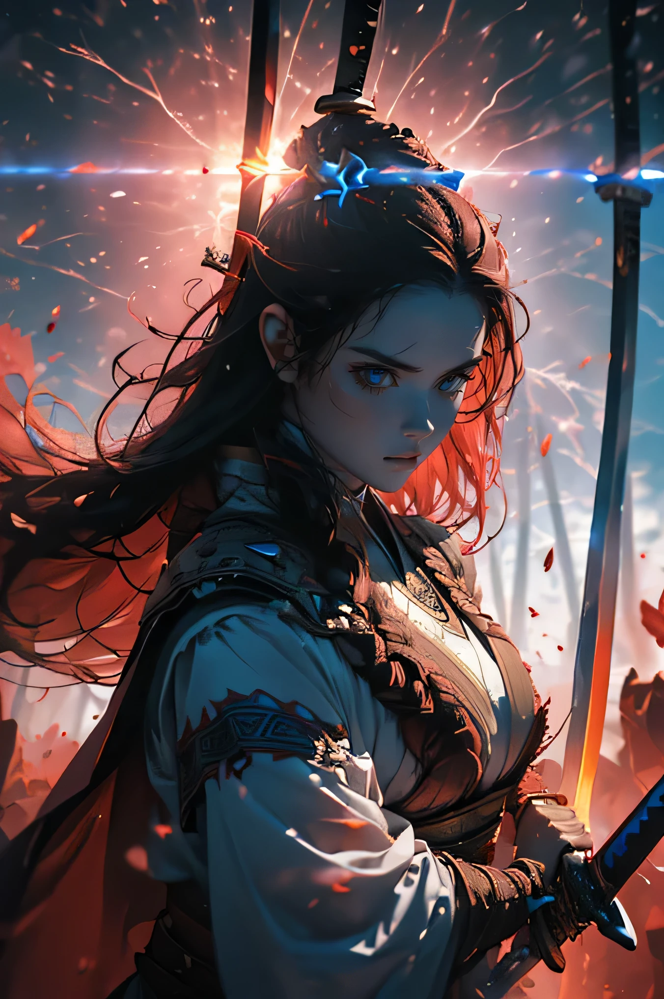 She is the Queen of Destruction, descending from the sky、A humanoid weapon of destruction from space, she face perfect Hollywood actress styles, like a young woman, wearing silk clothes, her face and body are carved with intricate artistic patterns、 but her expression is as divine as that of a goddess、(((((She carries a huge great sword belonging to the Norse god of war, which emits red thunder lightning)))))、((((((Land with force and force on the ground)))))))、(((Upper body zoom up)))