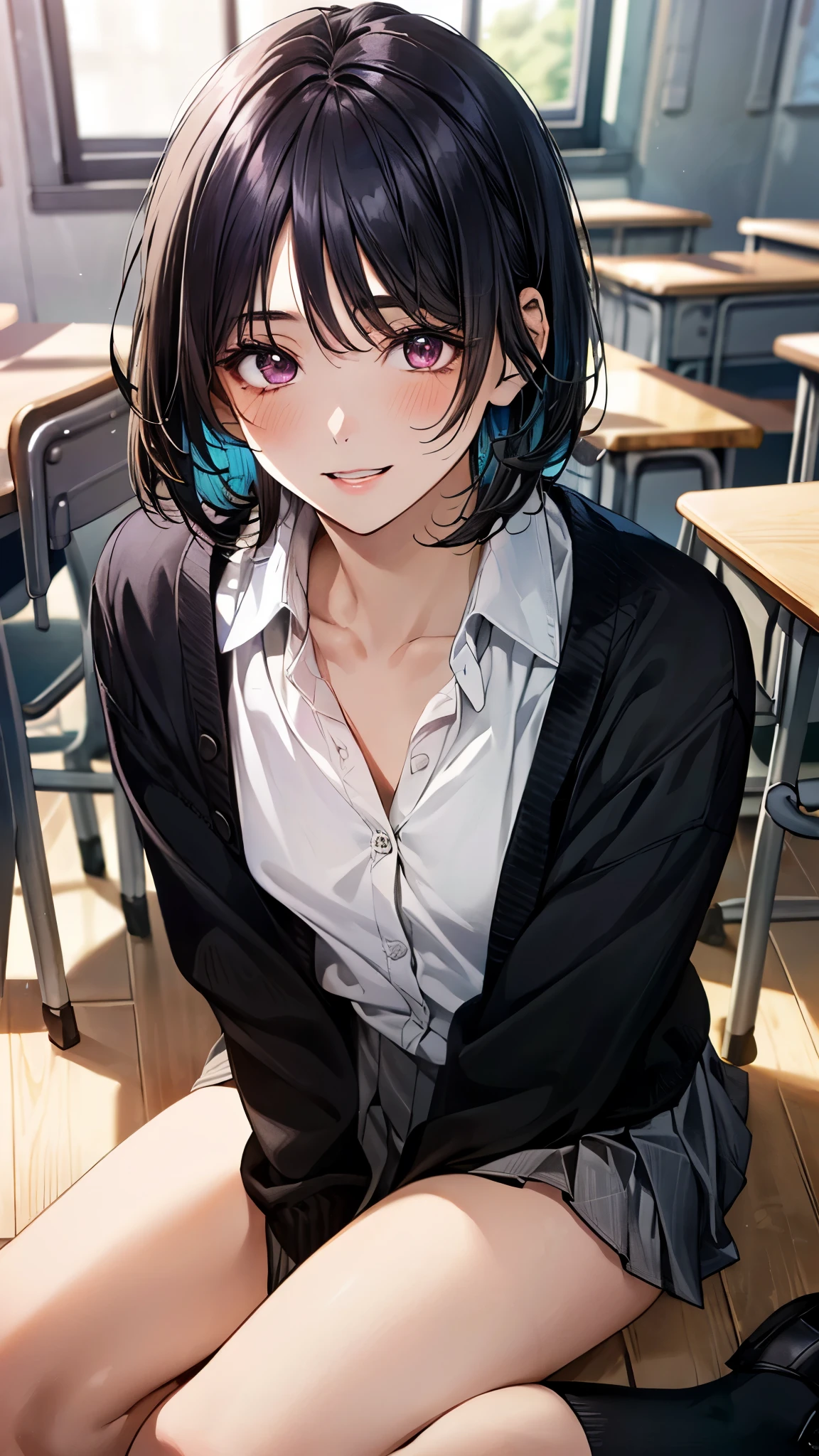 (masterpiece:1.3, top-quality, ultra high res, ultra detailed), (realistic, photorealistic:1.4), beautiful illustration, perfect lighting, natural lighting, colorful, depth of fields, 
beautiful detailed hair, beautiful detailed face, beautiful detailed eyes, beautiful clavicle, beautiful body, beautiful chest, beautiful thigh, beautiful legs, beautiful fingers, 
looking at viewer, 1 girl, high school teacher, 22 years old, perfect face, (perfect anatomy, anatomically correct), cute and symmetrical face, , , shiny skin, 
(short hair:1.5, fluffy bob cut, dark brown hair), swept bangs, dark purple eyes, slant eyes, big eyes, long eye lasher, (medium breasts), slender, 
(suit jacket, suit tight skirt, collared white shirt, high heels), 
(beautiful scenery), evening, (school classroom:1.2), squatting, (lovely smile, parted lips), 