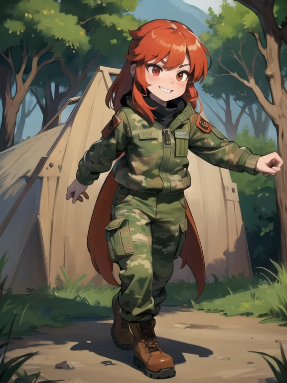 girl smile and red hair, with a camouflage jacket, tactical glovers, camouflage balaclava, camouflage pants and army boots, In the night he walks through the forest