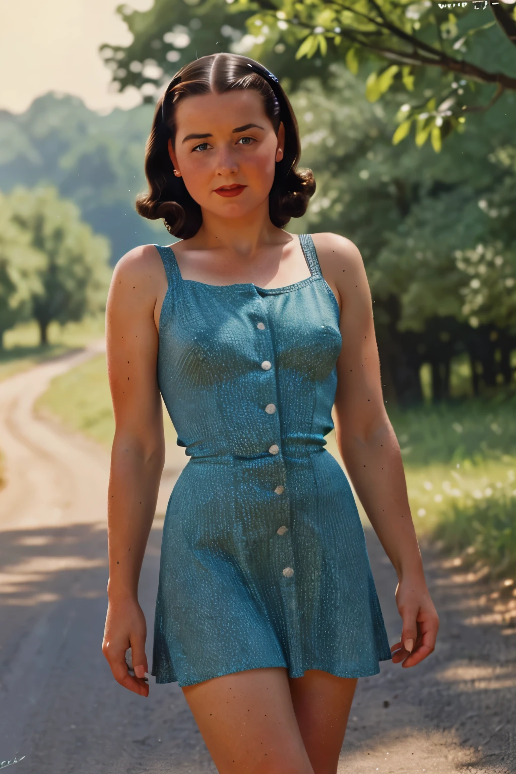 France, 1940. A little (((()) Marie-Laure LeBlanc)), freckles, in a country road, ((worried expression)), ((((revealing short minidress from the 1940s)))), ((dark hairstyle of the 1940s))