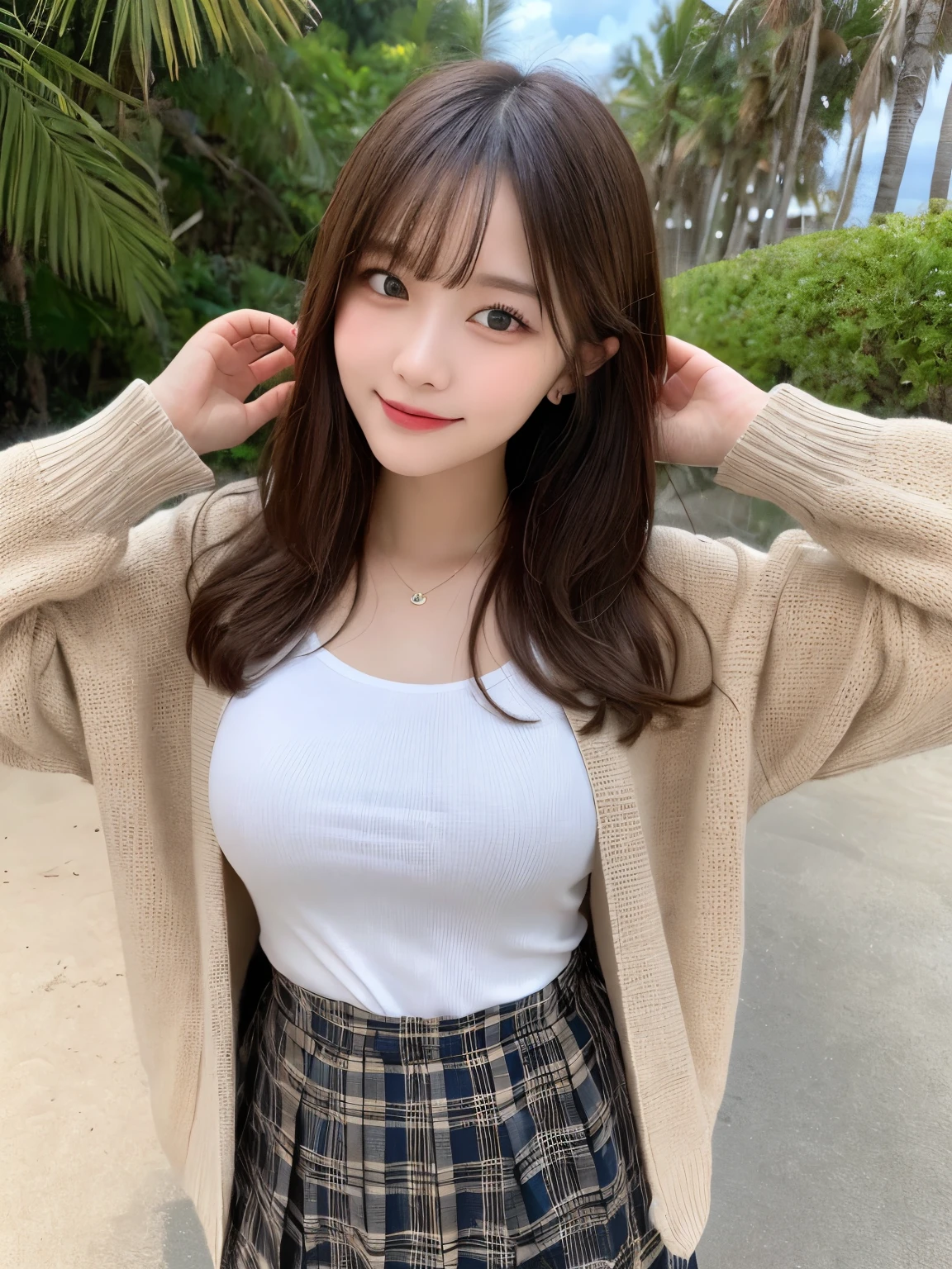 smile、night、RAW Photos、(((A portrait of ultimate beauty)))、((Glowing Skin))、1 girl、Beautiful 15 year old girl from Prague、Bright expression、((Brown haired))、(Cleavage)、(Checkered Pleated Skirt:1.5)、((Big eyes that shine like jewels))、Open cardigan、Open your clothes、pantyhose、Glowing Skin、(Medium Hair)、(Silky Ponytail Hair)、(standing)、(From below)、Under the skirt、(下着をFrom belowクローズアップ)、eyeliner、Beautiful Bangs、Hair between the eyeasterpiece、最high quality、Ultra-detailed、Film Light、Intricate details、High resolution、Very detailed))、Detailed Background、8 time、Digital SLR、Soft Light、high quality、Film Grain、Fujifilm XT3 、Shallow depth of field、Natural soft light、Kamimei、Ample breasts