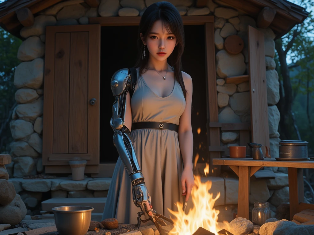 High definition Photography, (Beautiful Female Japanese face), (Beautiful cup-A small chests), (white pale skin), (robotic arm, silver hand, Prosthetic part and cyberware accessories), (wearing pretty mediva dress), with random tools, doing random work outside a rough stone cabin, fire place around, at night, 