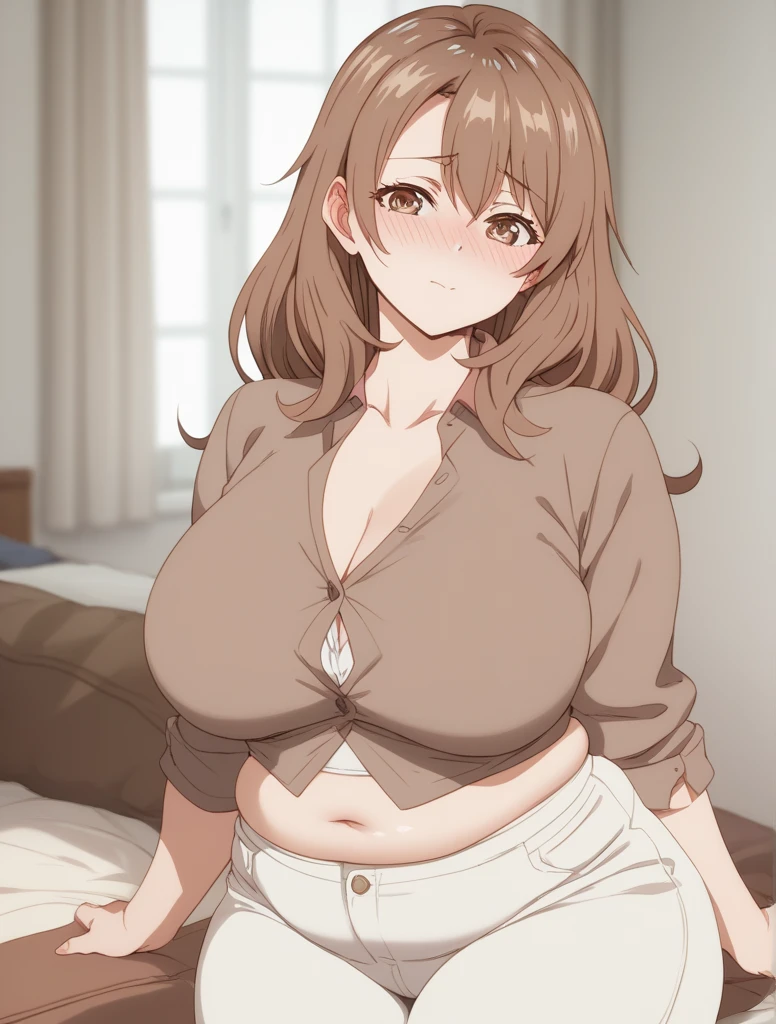 
1girl, maria mikhailovna kujou, brown hair, bangs, Long Hair,brown eyes,Large breasts, wide hips,chubby stomach,pants unbuttoned,underwear visable, Full-face Blush, 