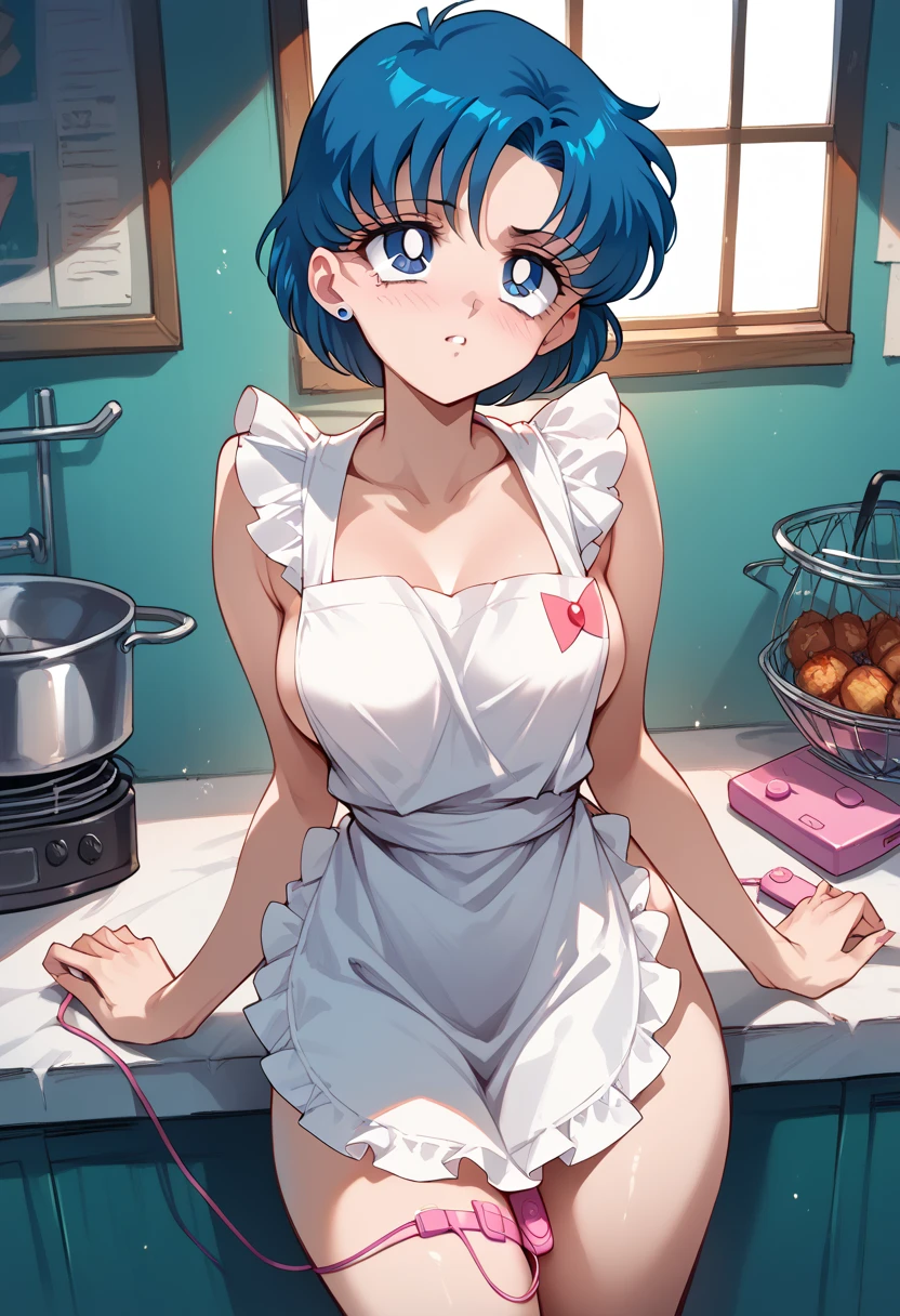 masterpiece, high definition , best quality,8k (Sailor Mercury, Mizuno Ami,short hair)  rolling eyes((Body tremors))(Completely naked, naked apron, vibrator)Electric shock