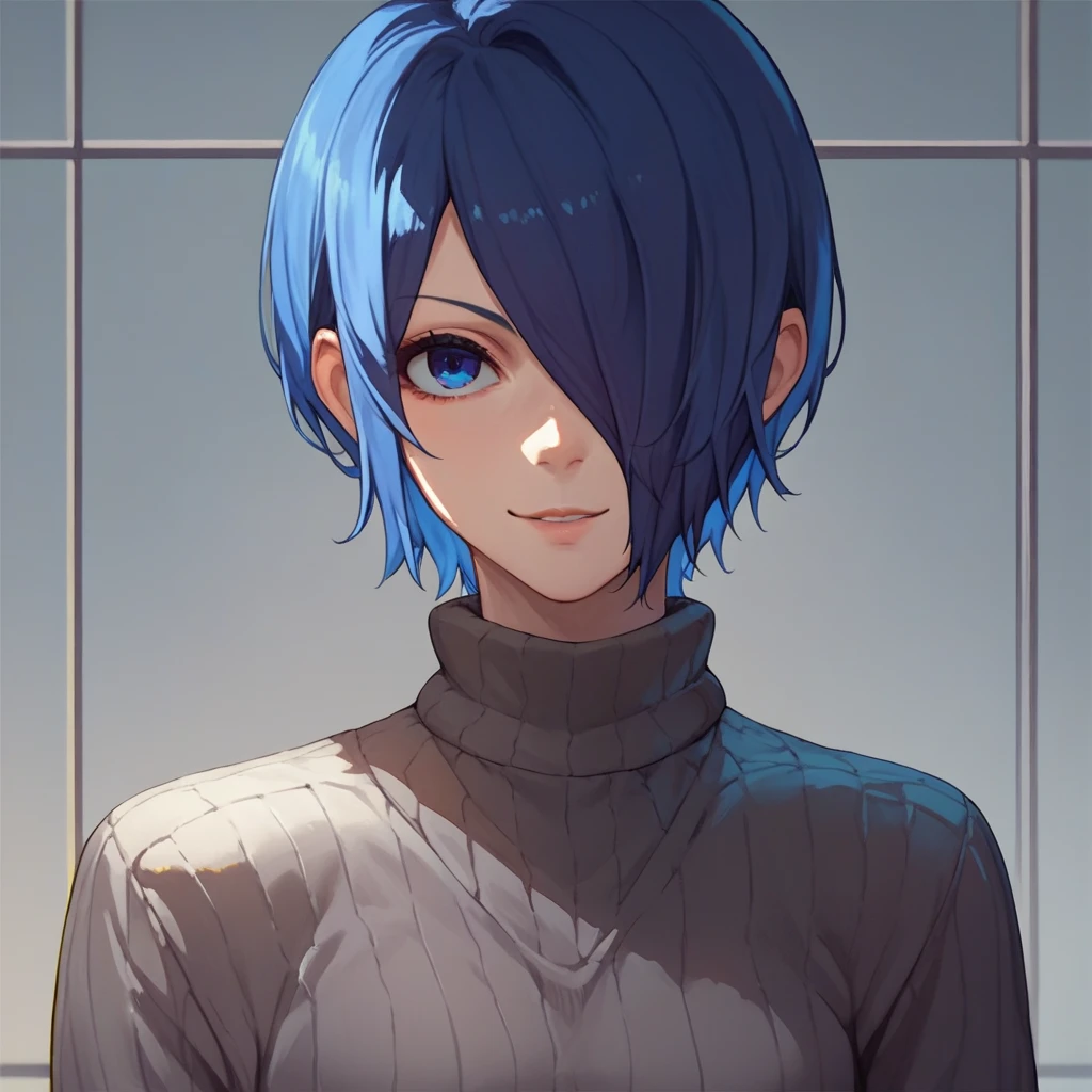 source_anime, solo, 1girl, kirishima touka, seductive smile, looking at viewer, blue hair, hair over one eye, blue eyes, black tight sweater