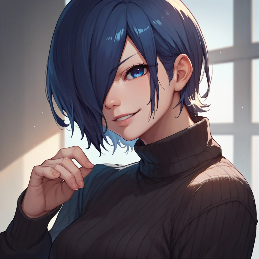 source_anime, solo, 1girl, kirishima touka, seductive smile, looking at viewer, blue hair, hair over one eye, blue eyes, black tight sweater