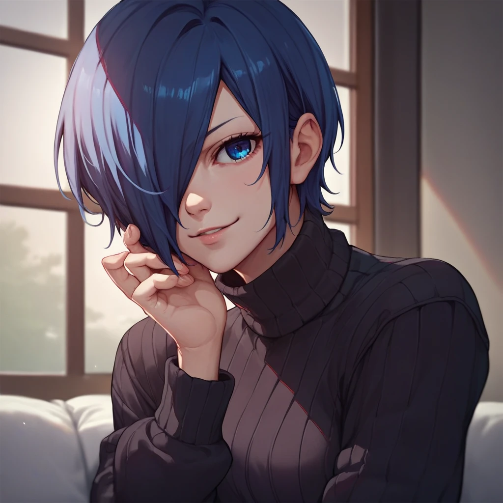 source_anime, solo, 1girl, kirishima touka, seductive smile, looking at viewer, blue hair, hair over one eye, blue eyes, black tight sweater