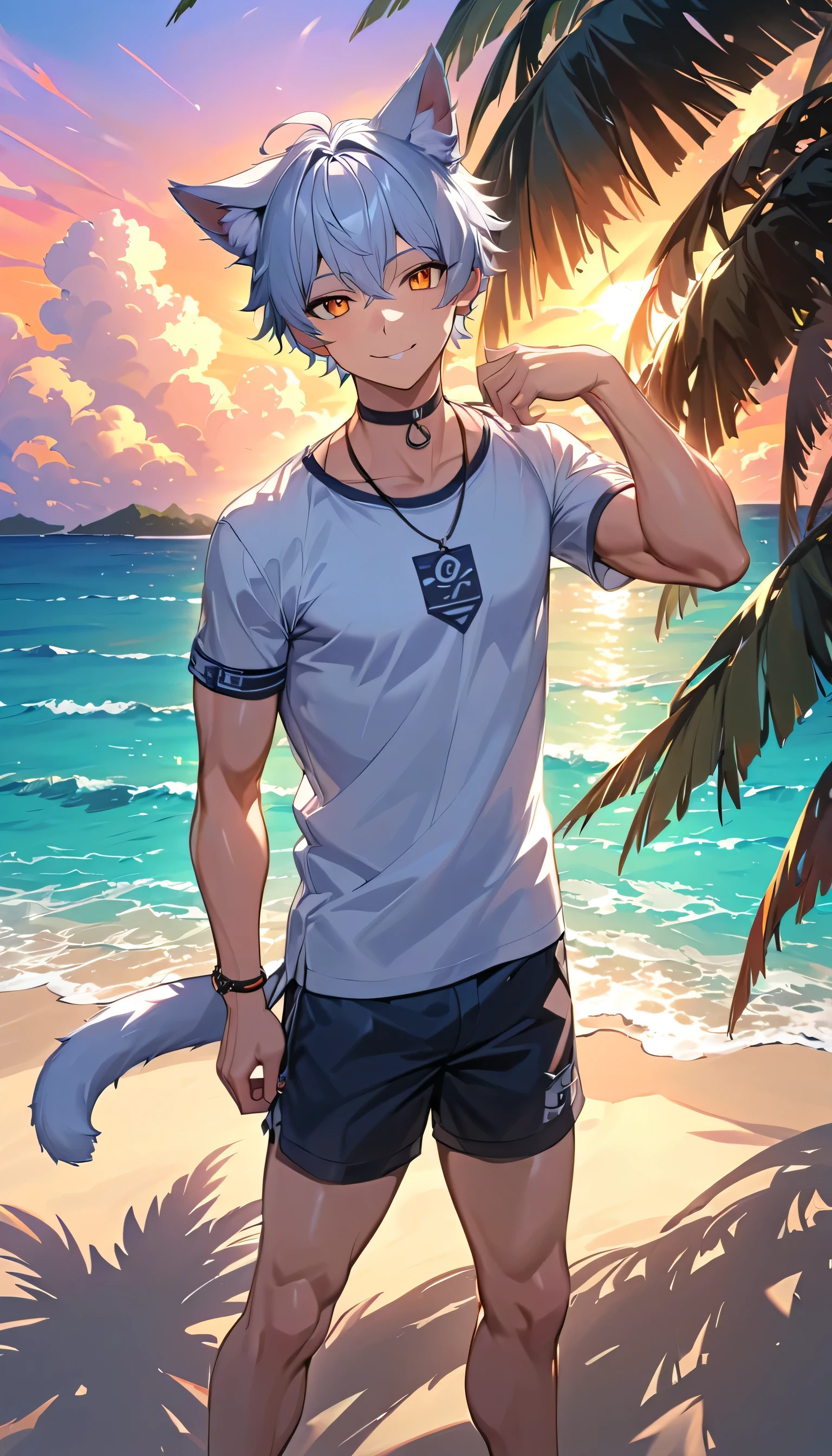 Anime style,top quality, best quality, High-quality illustrations, masterpiece, detailed background, 12-Year-Old-Boy, youg boy, shota, Purple cat boy, Tank top, Body, (Showing armpit:1.4), Slim body, Slim stomach, Beach, cute, handsome, Happy, joyful, Blush, (highly detailed beautiful face and eyes), perfect ???????, (kemono, furry anthro), blurry beckground, uhd, Bokeh