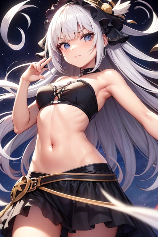 (Masterpiece), (Top Quality Anime Illustration), (Super Definition), One Girl, Solo, Silver-haired Beautiful Girl, Anime Loli, Cat Ear Loli, Petite, Small Breasts, Cleavage Emphasis, Underboob, Thigh Emphasis, Bastet God Costume, See-through, Egyptian Mythology, Water