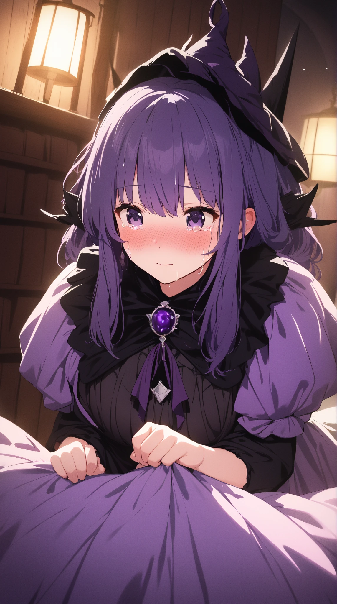 (high quality,Very detailed:1.37, High resolution), Woman, defCm, hair over one eye, black tiara, purple capelet, black armor, cleavage, gauntlets, gloves, (very long dress:1.5), skintight dress, masterpiece, best quality, (wetting herself:2.0), embarrassed, humiliation, sweating, (blush:3.0), (angry:1.5), (tears:1.5), crying, (sitting:1.5), throne, (hands behind back:2.0), from above, anime screencap