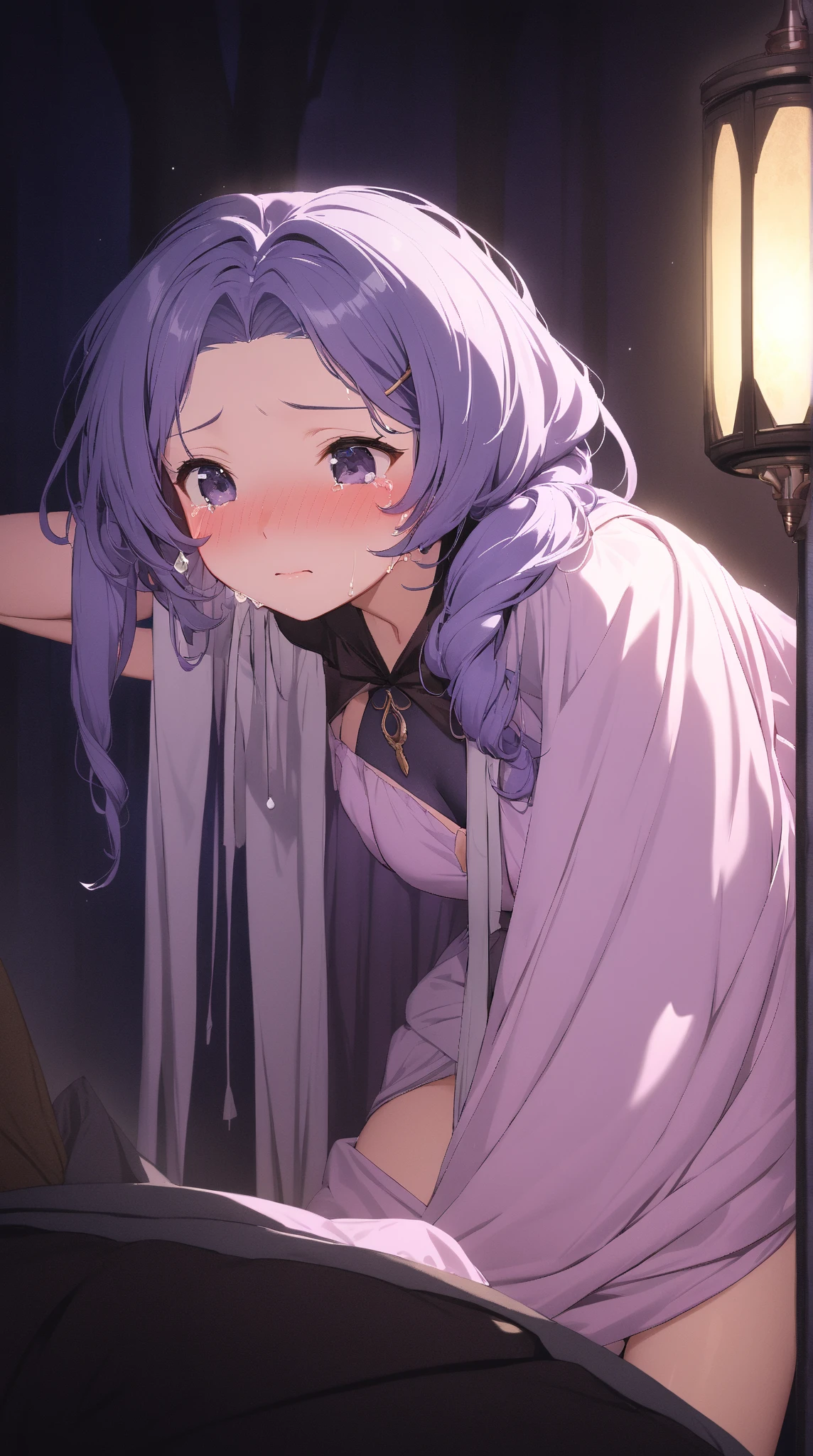 nsfw,1 person,Sweat,White Breath,solo,Demon slayer,Shinobu Kocho,(Cleavage voyeur),On all fours,room,(((Small breasts))),View from above,