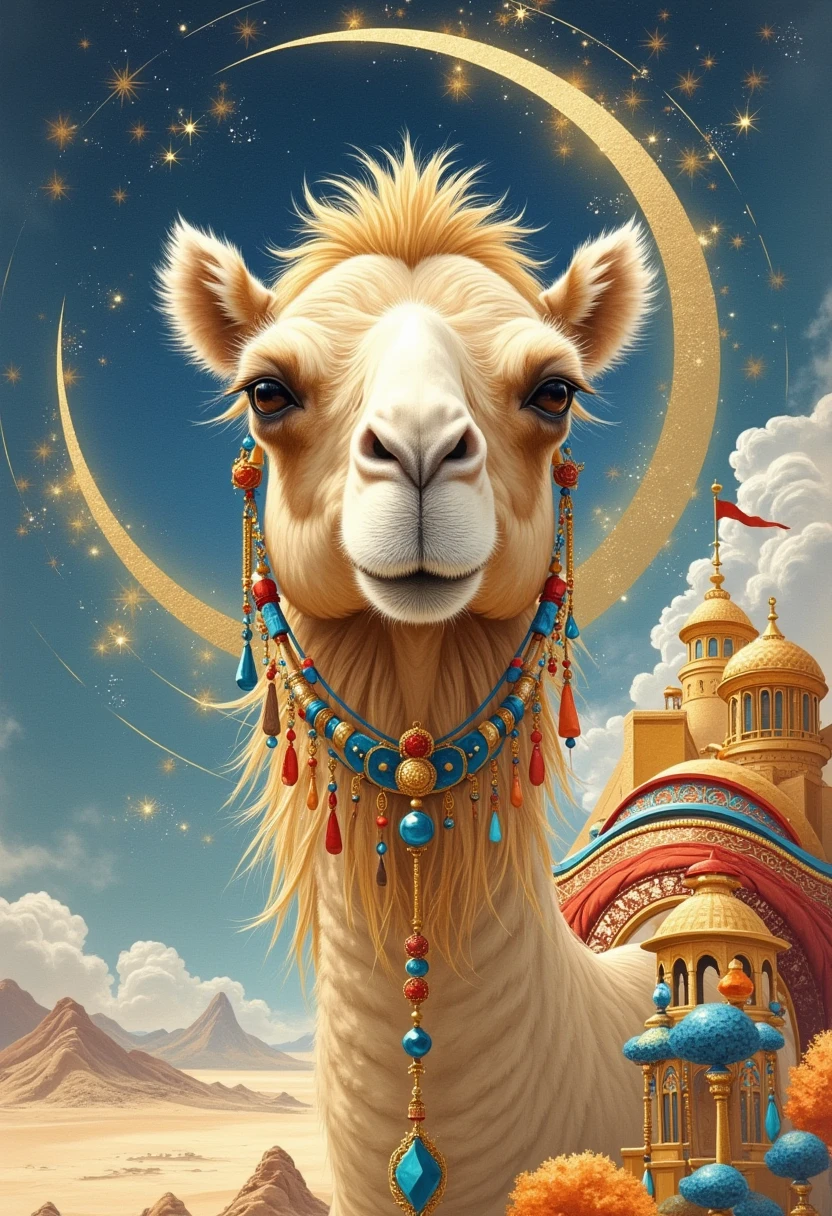  Close up of a camel on the crescent ,   a beautiful art illustration  ,  Dream Paintings , ,   intricate fantasy painting  ,  Wonderful fantasy landscape art  ,   Inspired by Victor I  ,   is just a joke  ,  Arjannel  ,  Marvelous Watercolor Paintings  , Charming and otherworldly,   Overcame Ngài Style  , Illustration Art,   Picture of a richly decorated spaceship