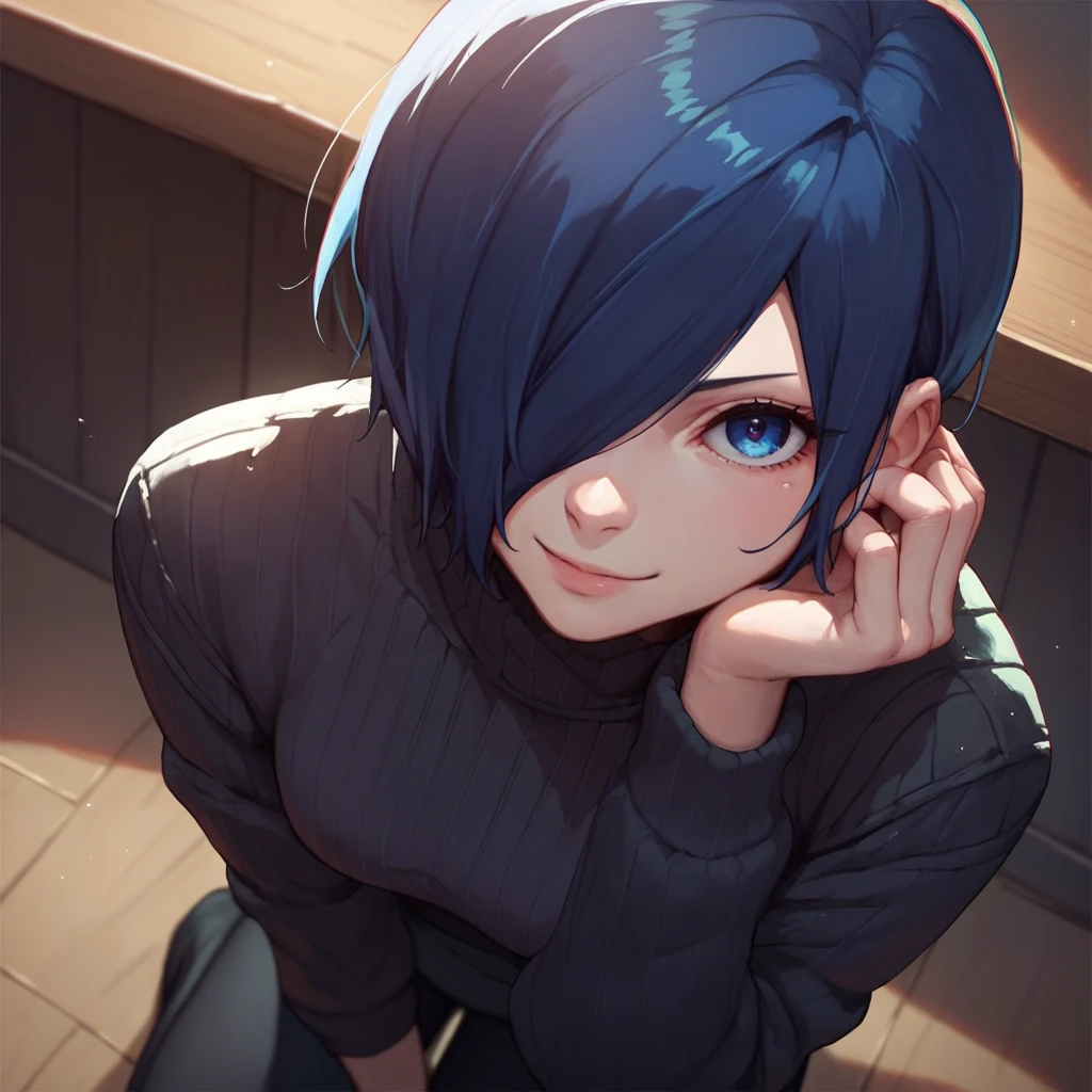 source_anime, solo, 1girl, kirishima touka, seductive smile, looking at viewer, blue hair, hair over one eye, blue eyes, black tight sweater, head on knees