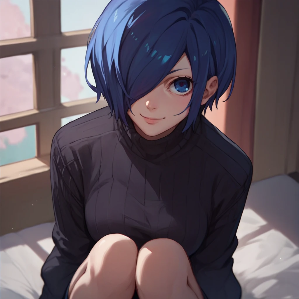 source_anime, solo, 1girl, kirishima touka, seductive smile, looking at viewer, blue hair, hair over one eye, blue eyes, black tight sweater, head on knees