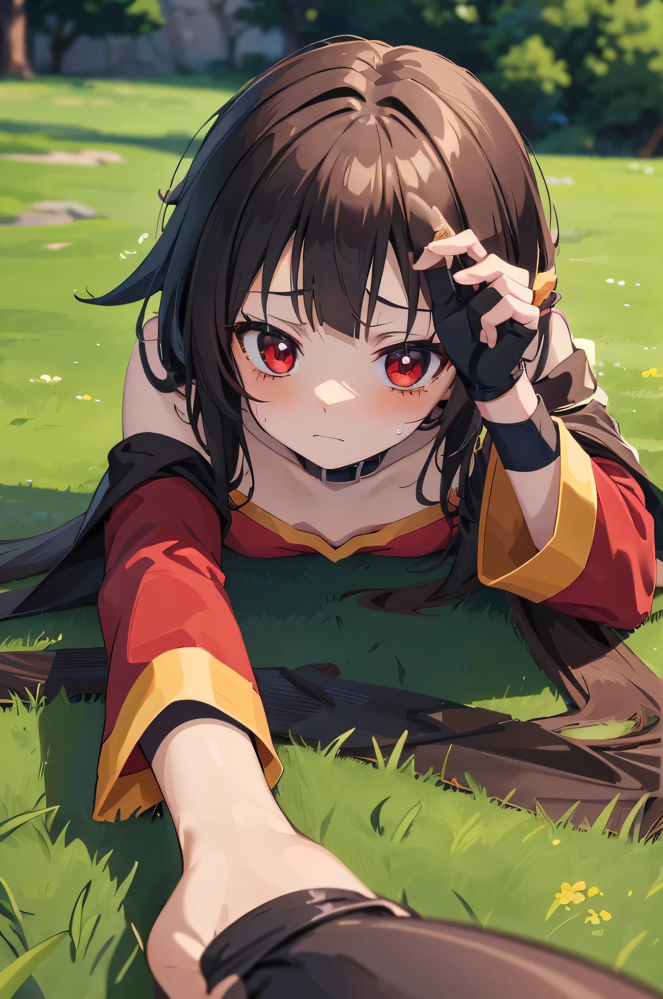 Megumin,
Megumin\(KonoSuba\),
1 girl,
Long hair to long hair,
brown hair on the abdomen,
(red eyes:1.1), ( beautiful detailed eyes:1.2),
, red dress , brown cloak, long sleeve ,
Single Thigh High , asymmetrical legwear , bandaged legs ,
small breasts,
Witch Hat , black choker , black gloves , Fingerless gloves,
He is lying face down on the ground
Outdoor background, lying face down in the middle of a path with grass on both sides, wearing a black thong, shyly trying to hide the pants with clothes with her hands, tearful eyes, blushing, butt sticking out to the viewer's side, low angle butt facing the opposite side