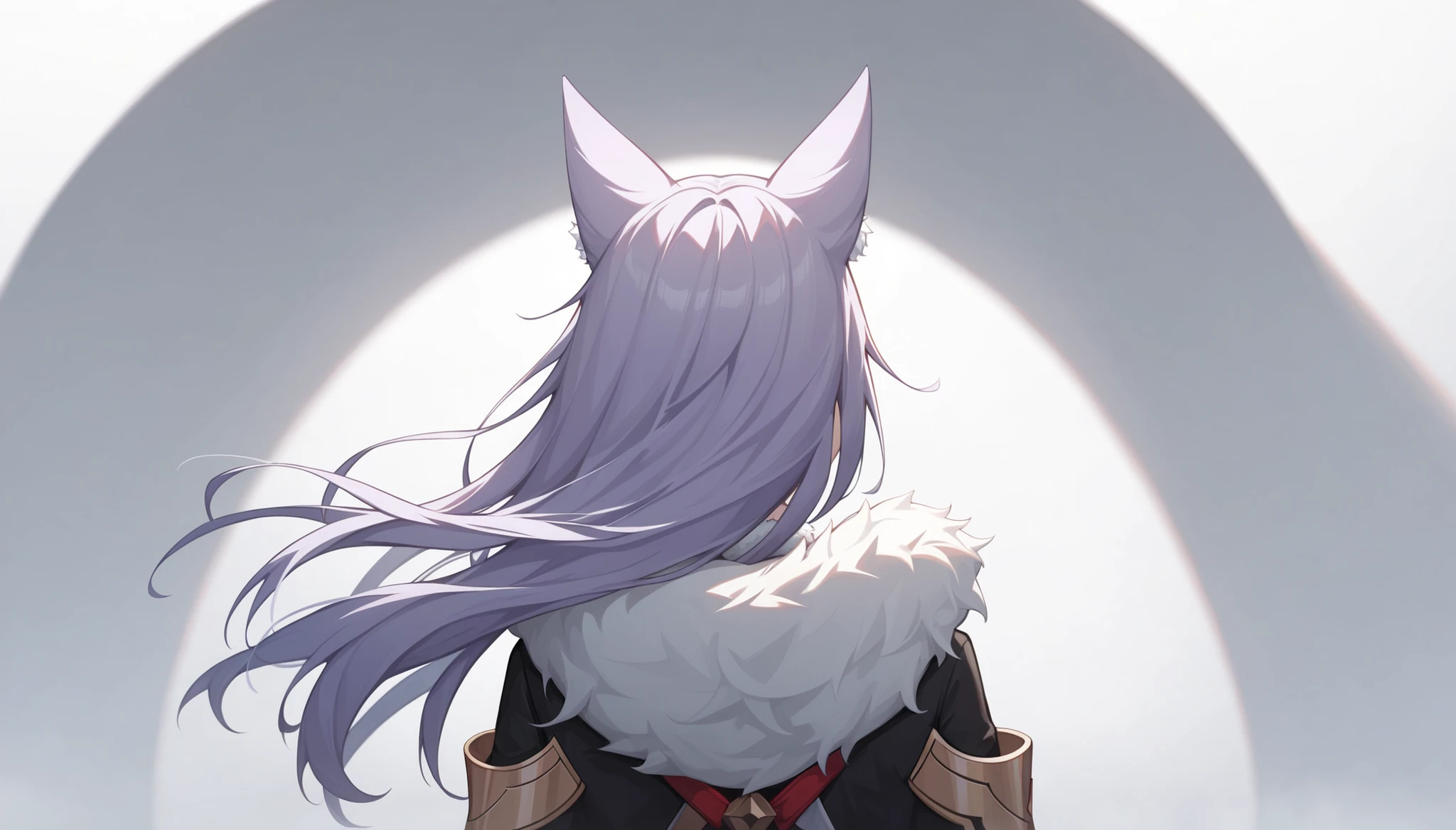 (baiheng), honkai star rail, star rail, (masterpiece), (best quality), (ultra detailed), (illustration), (1girl), back view, facing away from camera, (simple background), fox ears, light purple hair, foxian, baiheng, long hair, white fur collar, black clothes, best lighting, best shadow, hd, white background
