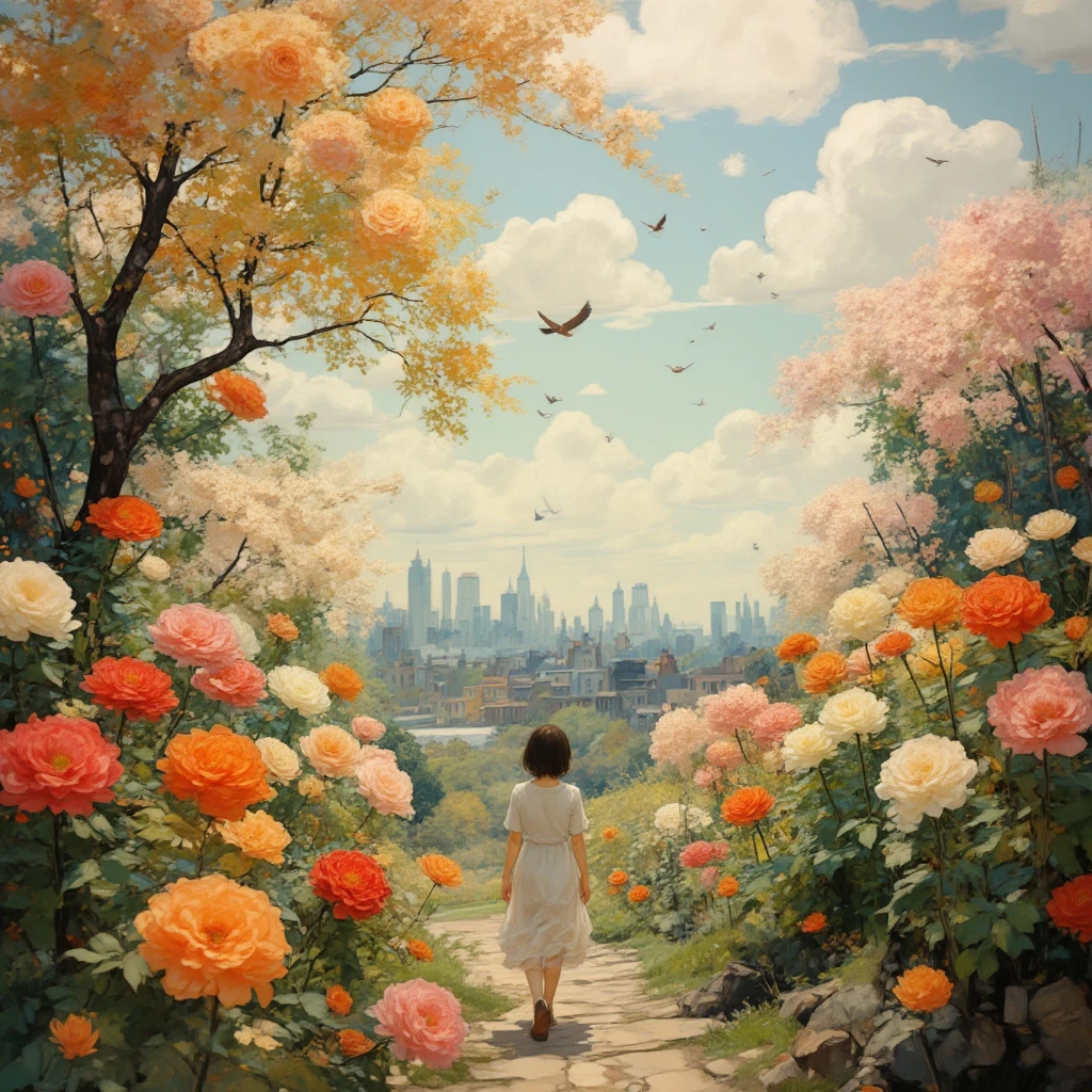 (best quality,4k,8k,highres,masterpiece:1.2),ultra-detailed,(realistic,photorealistic,photo-realistic:1.37)A girl walking in the sky of ChrysanthemumThe dappled sunlight gently announced the beginning of the journey,Water birds were dreaming of the last dream,The beauty of colorful tear drops like glass riding on the autumn wind,The memories of white and black will one day be filled with falling leaves,As if favored by the gods