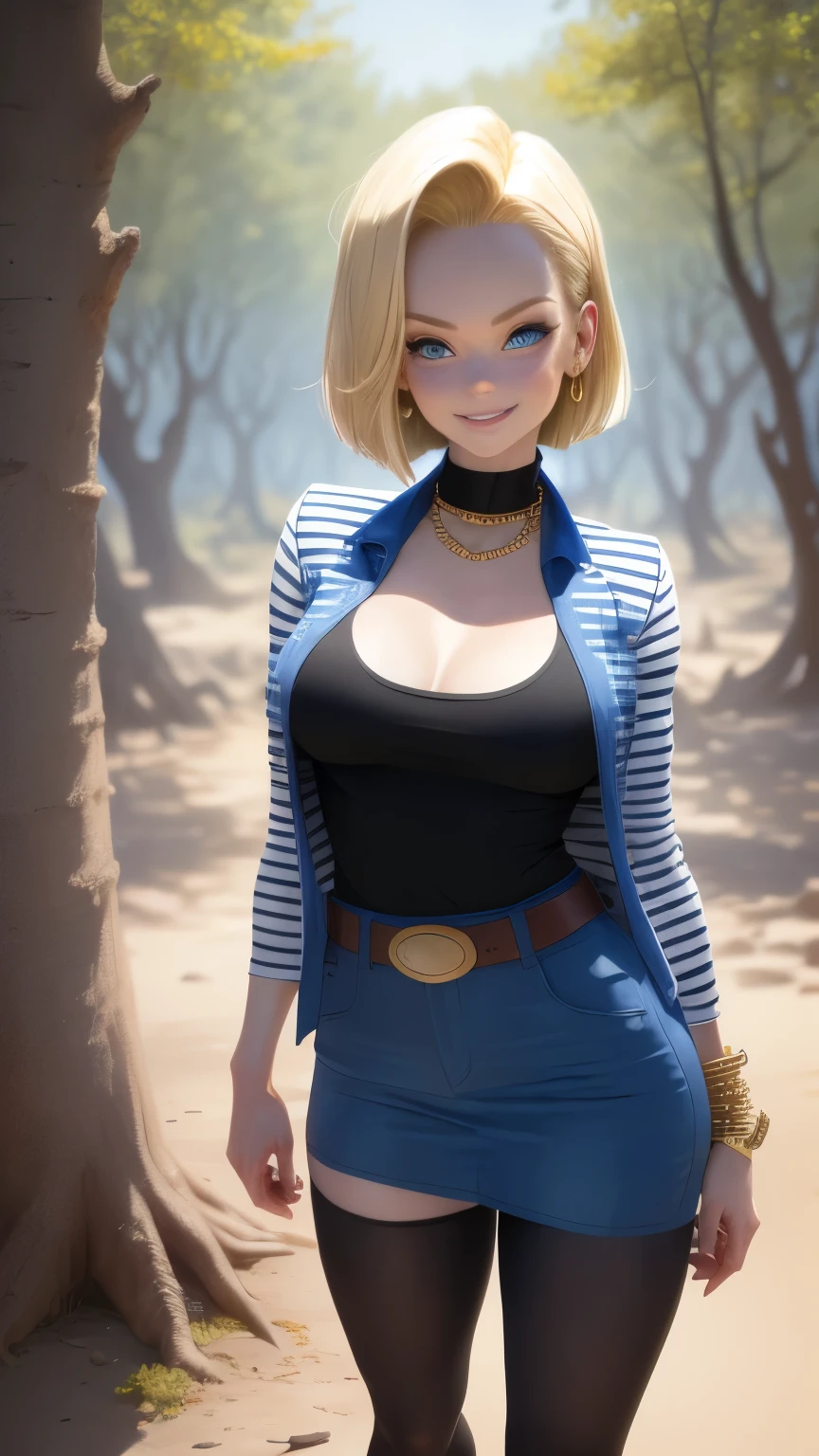 best quality, high-res, and18, 1girl, android 18, solo, blonde hair, blue eyes, belt, blue demin bodycon skirt, gold necklace, black shirt, short hair, long sleeves, striped sleeves, earrings, open vest, blue denim vest, large breasts, cowboy shot, forest, straight-on, (weather: windy), combat ready position, full length pantyhose, battle ruins, wide hips, shy smile,