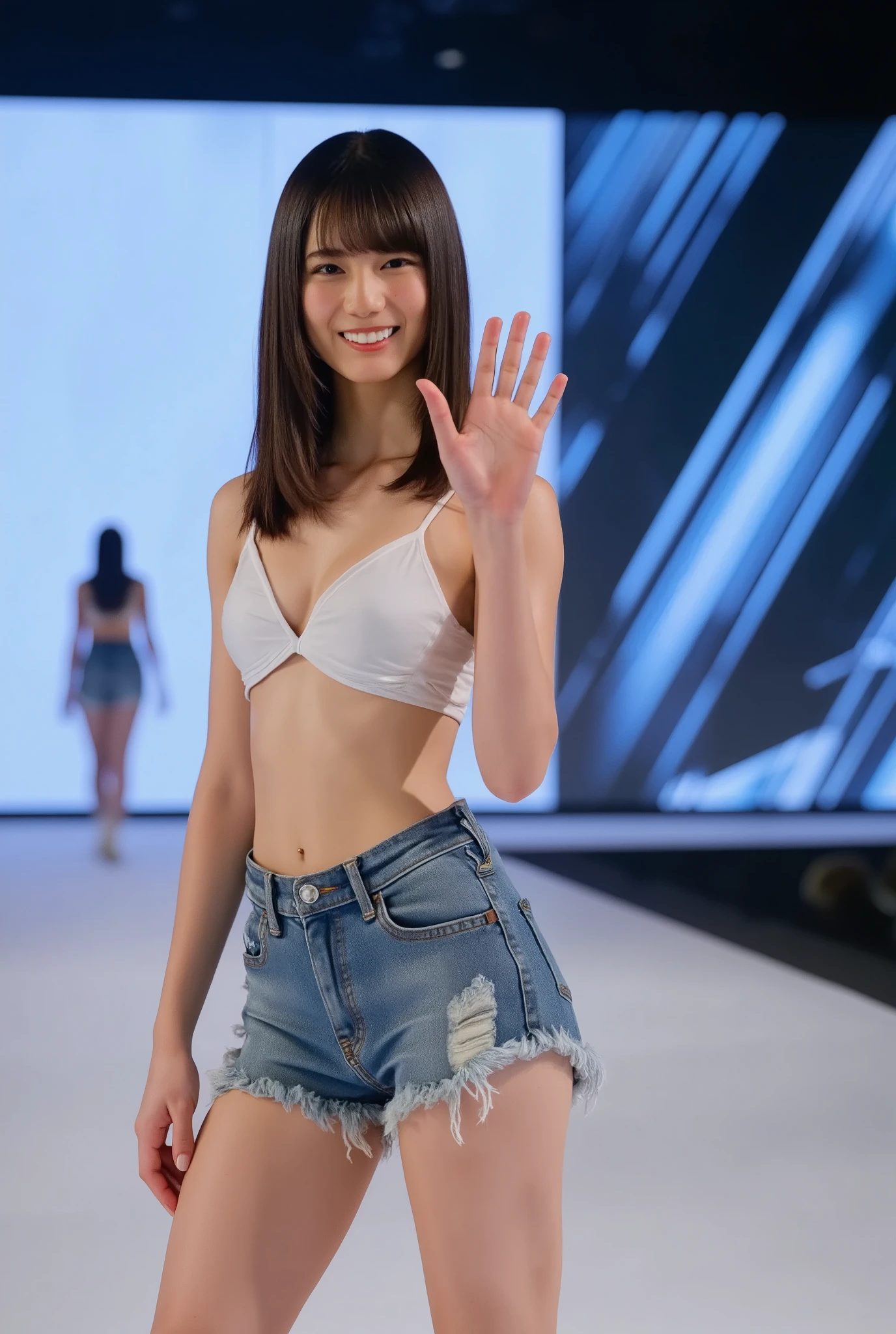 Walking the runway wearing denim shorts、 There is one cute smiling woman posing in her underwear, On stage at a fashion show